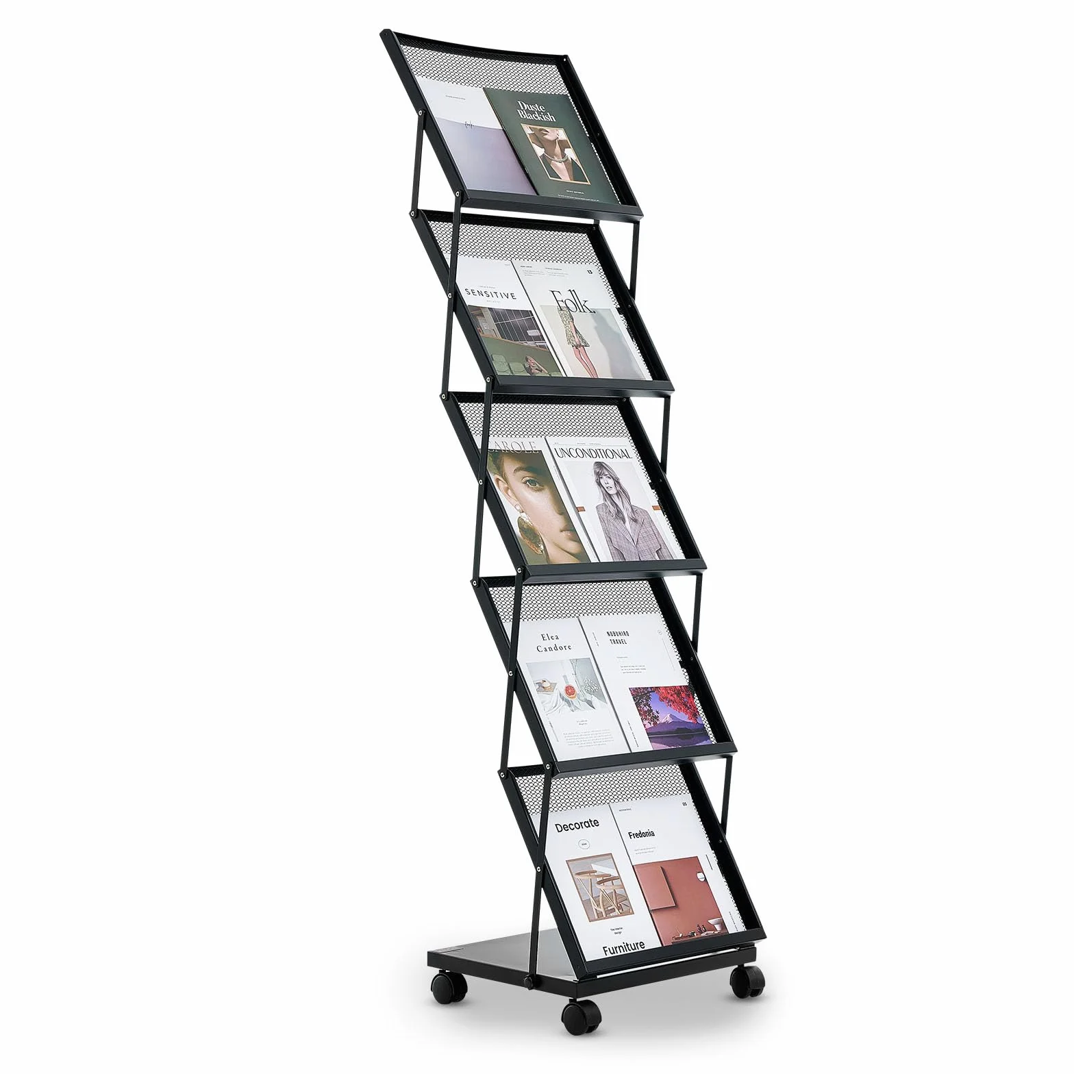 VEVOR Espositore da Terra per Brochure, Espositore per Brochure Riviste 5 Ripiani con Ruote, Supporto Portariviste da Pavimento Portacataloghi, Supporto per Volantini Riviste 5 Scomparti, Ufficio