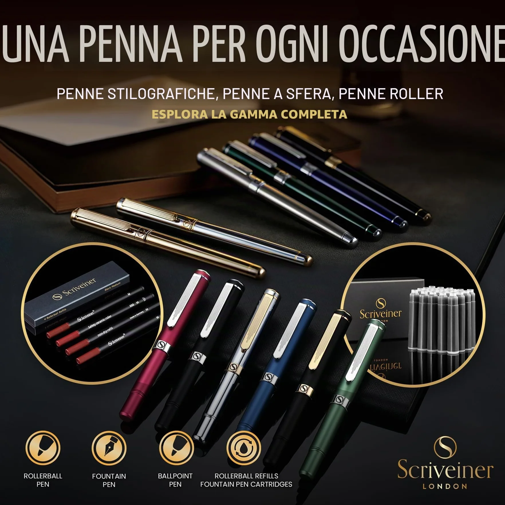 Scriveiner Midnight Blue Rollerball Pen, Laccata Blu Notte, Decori Cromati, Refill