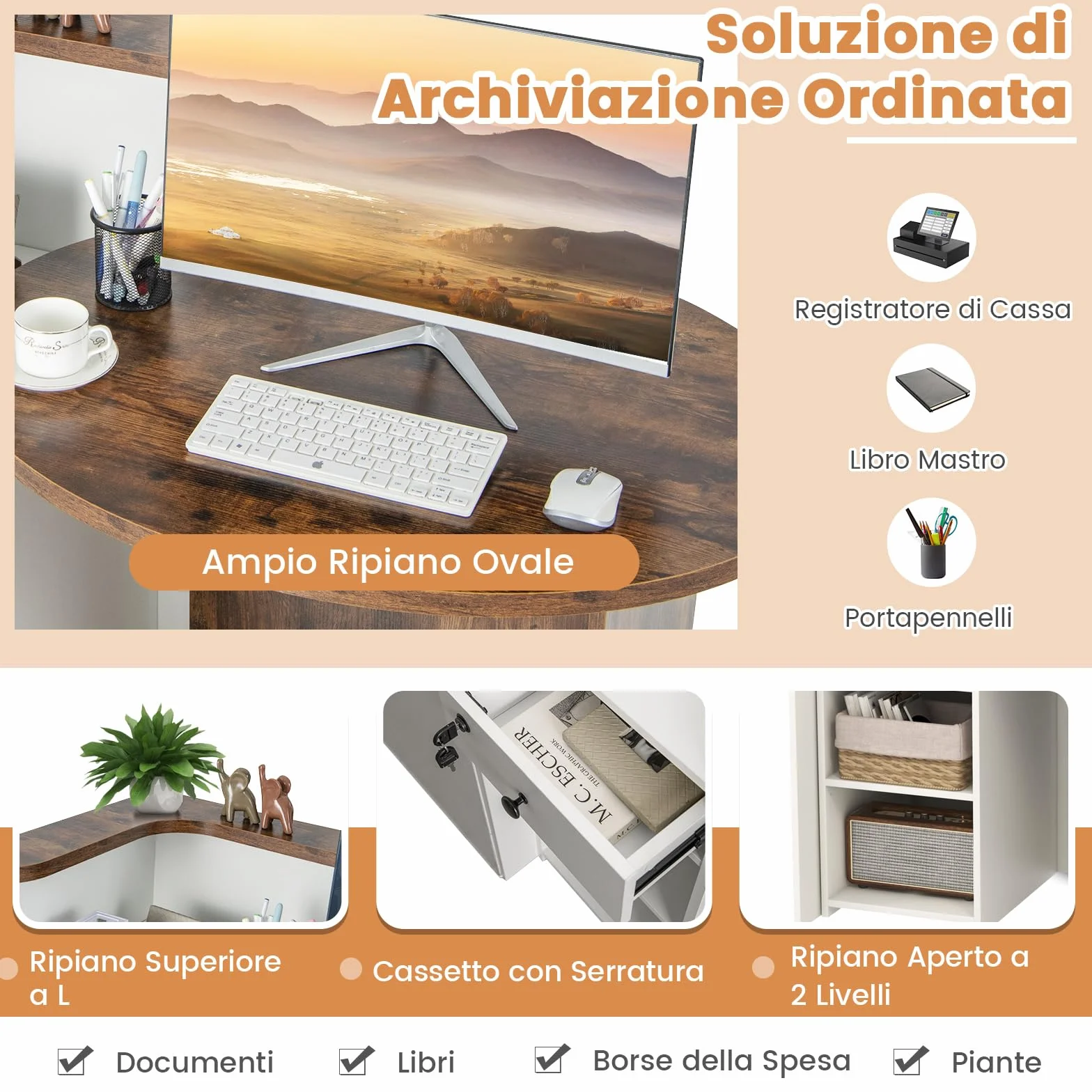 COSTWAY Banco Reception a Forma di L, Bancone per Cassa con Ripiano Regolabile e Cassetto Bloccabile, Piano Ovale, per Negozio, Salone e Ufficio, 120 x 55 x 100 cm (Marrone Rustico+Bianco)