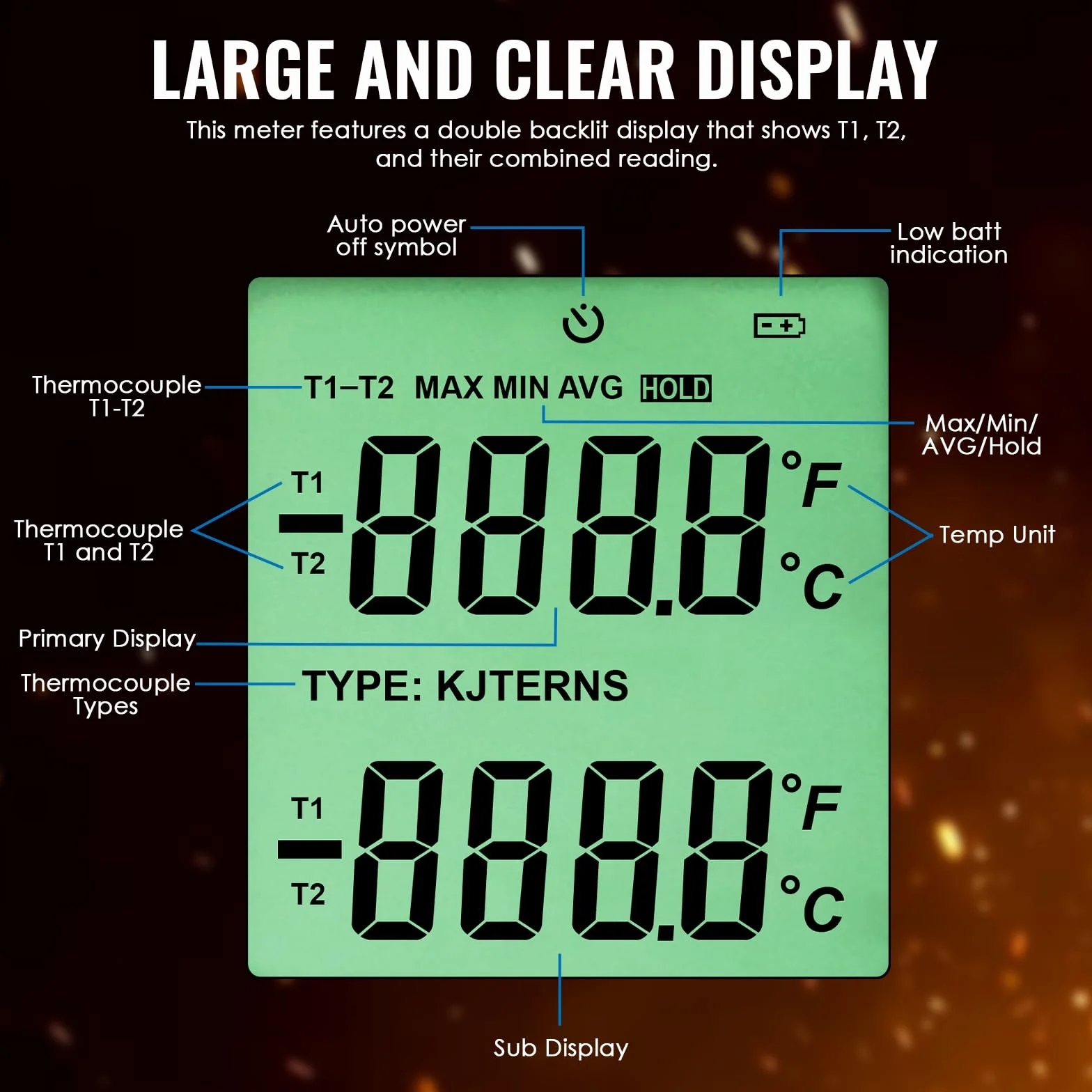 Termometro a termocoppia a doppio canale Tipo K/J/T/E/R/S/N -150~1767 °C Misuratore di temperatura digitale Retroilluminazione 2 sonde