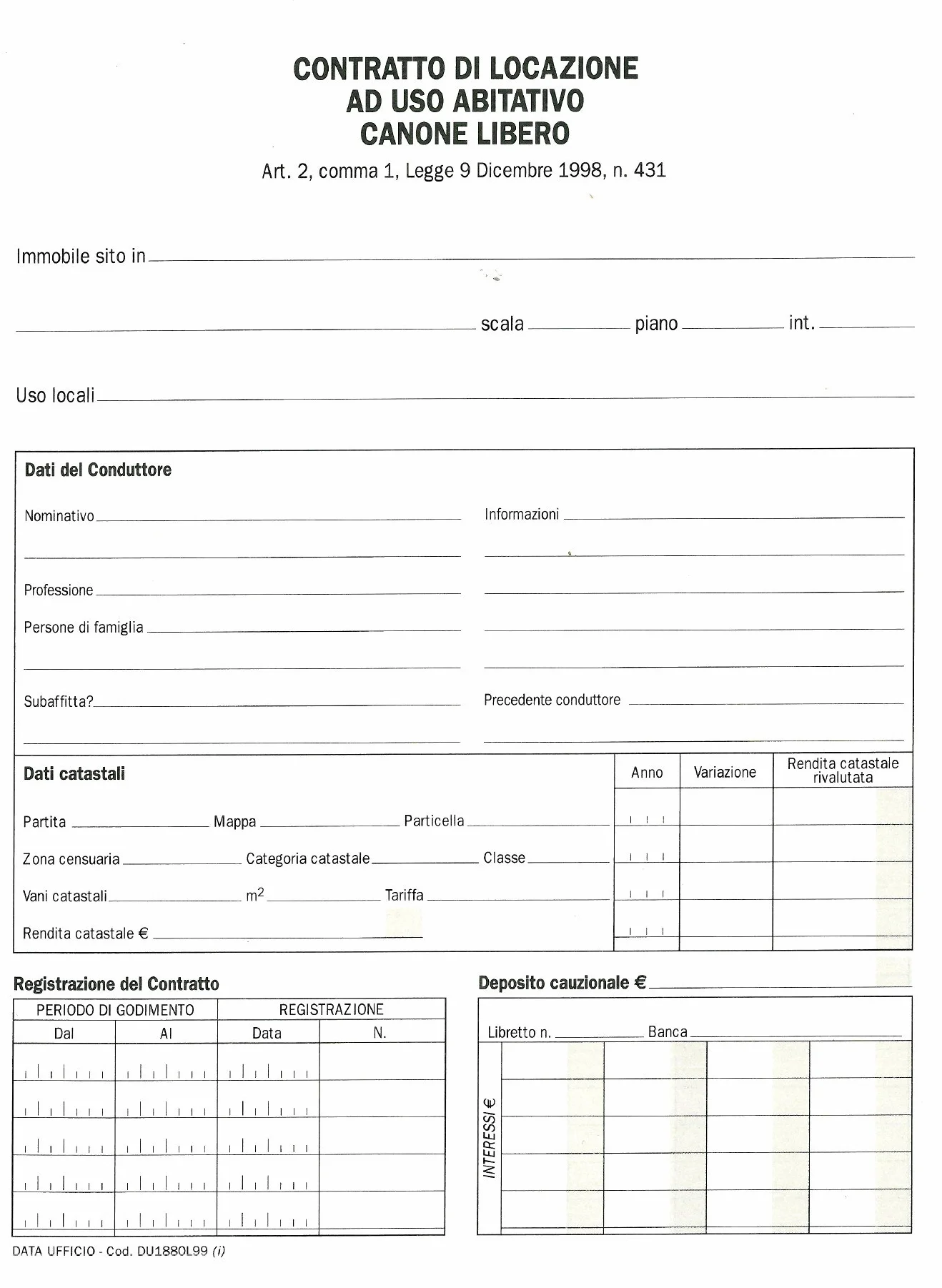 Contratto di Locazione ad uso Abitativo Canone Libero DU1880L9900