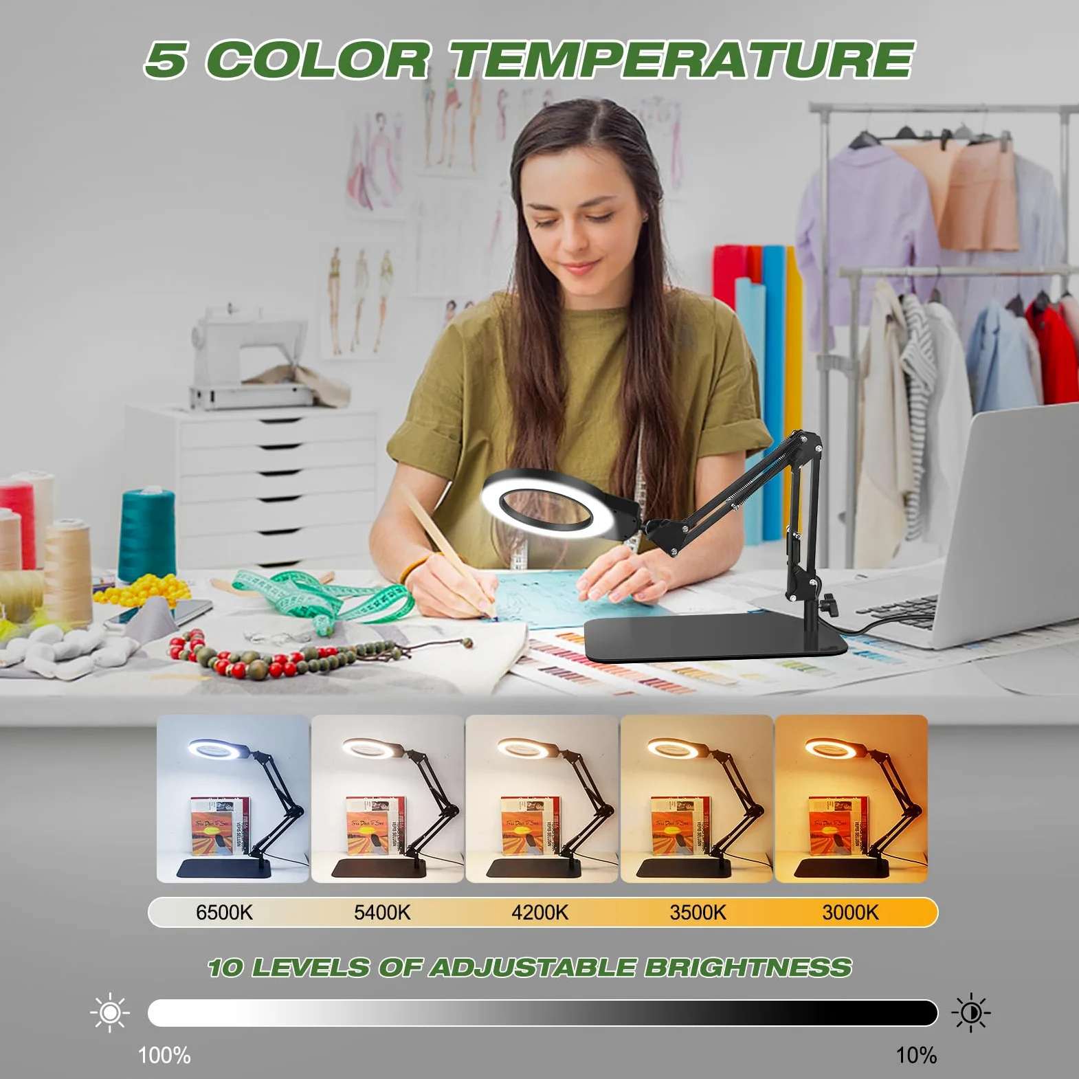 Lente d'ingrandimento con luce e supporto, lampada d'ingrandimento da tavolo 2 in 1, lente d'ingrandimento illuminata con regolatore10X, lente d'ingrandimento da tavolo dimmerabile