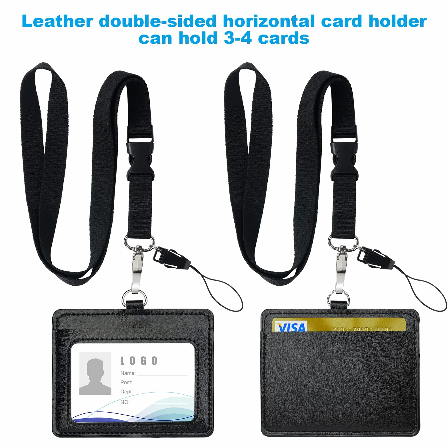 Porta Carte in Pelle PU Portabadge Collo con Slot per Schede Portafoglio Cordino per Ufficio ID Scuola Nero