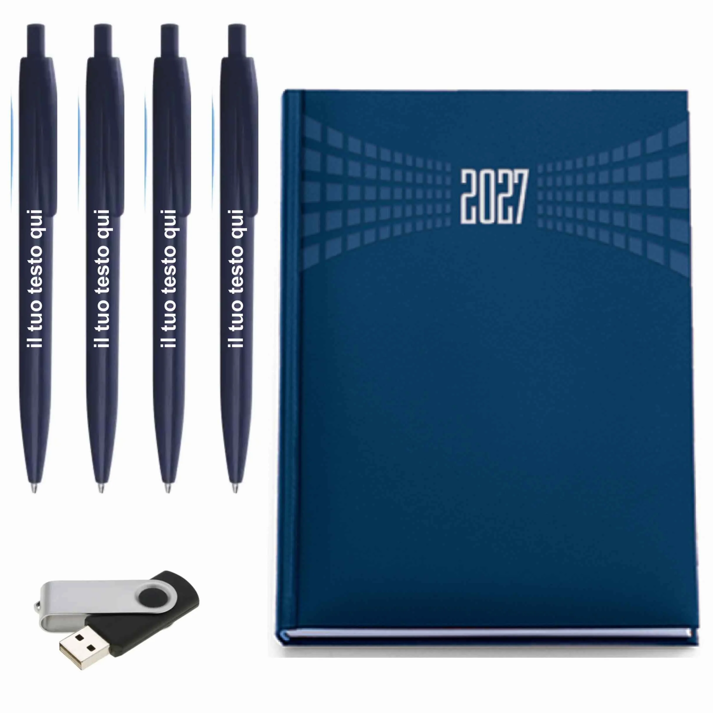 Kit Personalizzabile 100 Calendari 2027, 100 Penne a Sfera Blu, 1 Chiavetta USB 4GB e 1 Agenda Giornaliera Blu - Made in Italy - Idea Regalo Set Personalizzato (Assortito, 1 Kit)