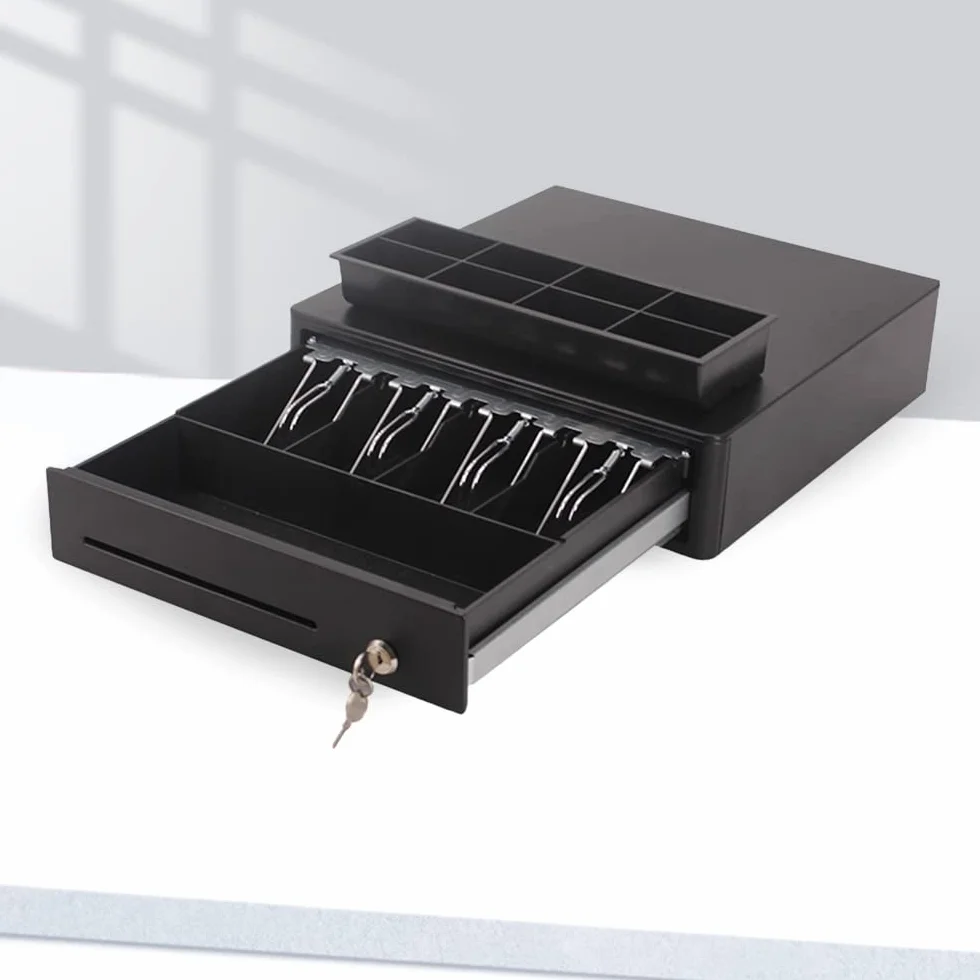 Cassetto porta denaro per registratore di cassa e stampante fiscale RT 4 banconote, 8 monete - struttura in acciaio, angoli smussati, con chiave ed apertura elettronica, nuovo design (Mod.350 - NERO)