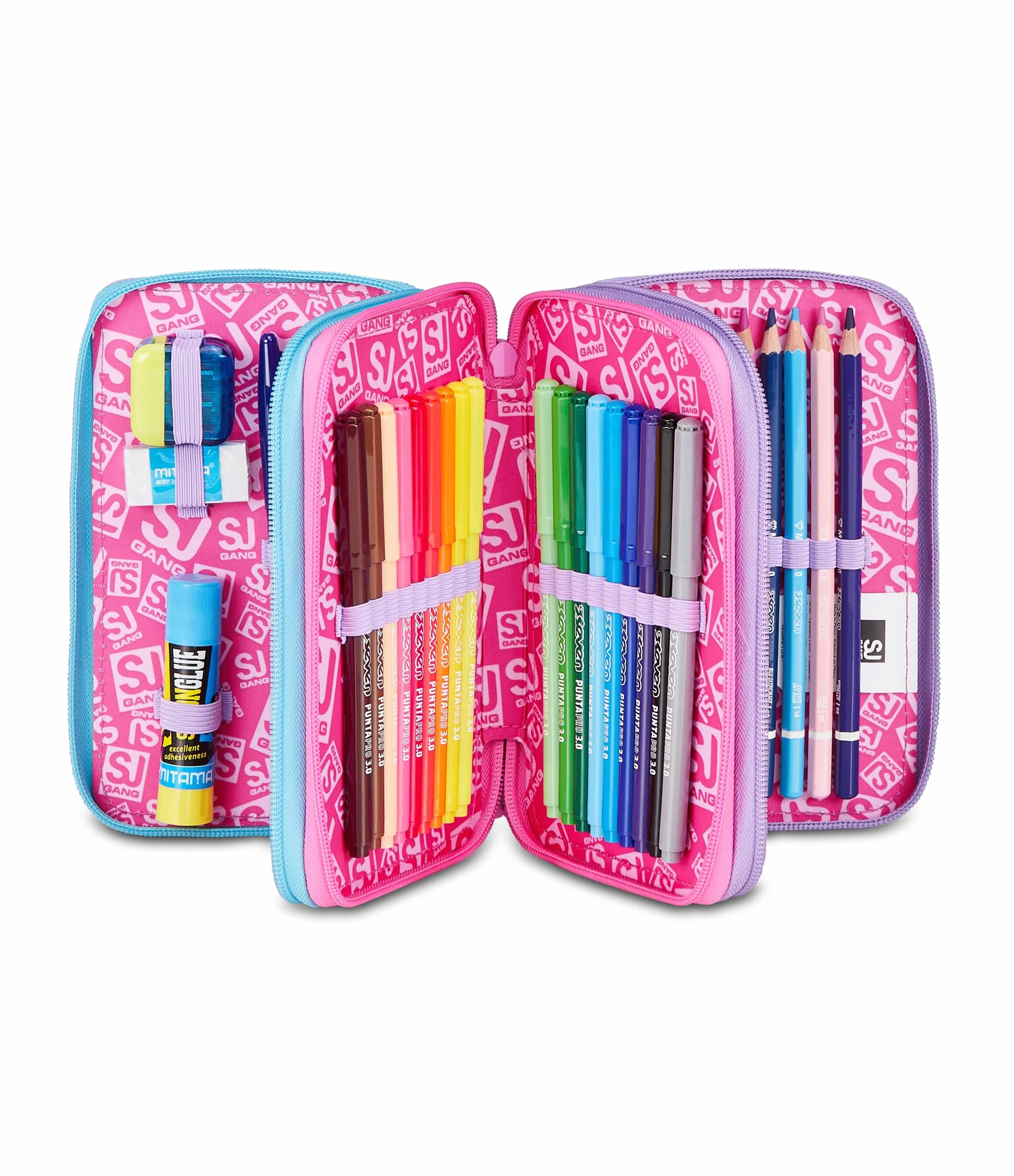 SJ GANG STYLE JAM GANG Astuccio Scuola 3 Zip LED UNICORN GIRL, Viola, Triplo Scomparto, 45 pezzi, Set cancelleria incluso, Pratica chiusura con zip, Scuola elementare, Bambina