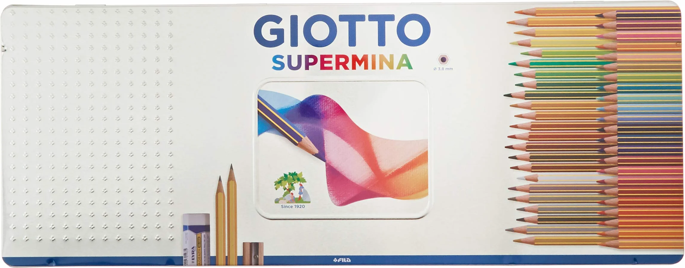 GIOTTO Supermina Astuccio Metallo 50 Matite Pastello Colorate 2 Matite HB Temperamatite Gomma 3.8mm 50 Colori Assortiti