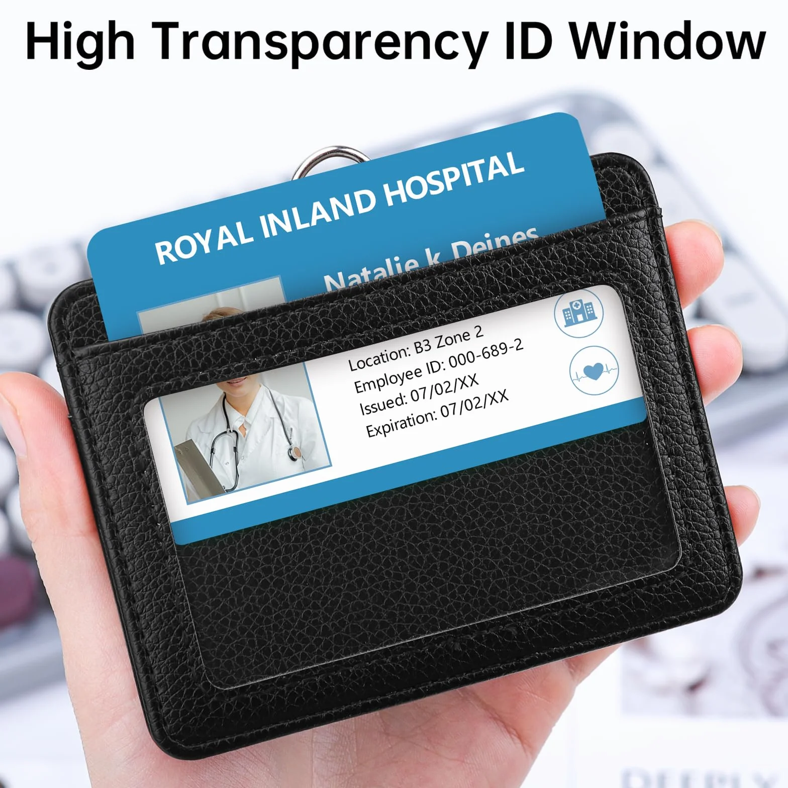 Teskyer Porta Badge da Collo 2 Slot Carte in Pelle Martellata Nero