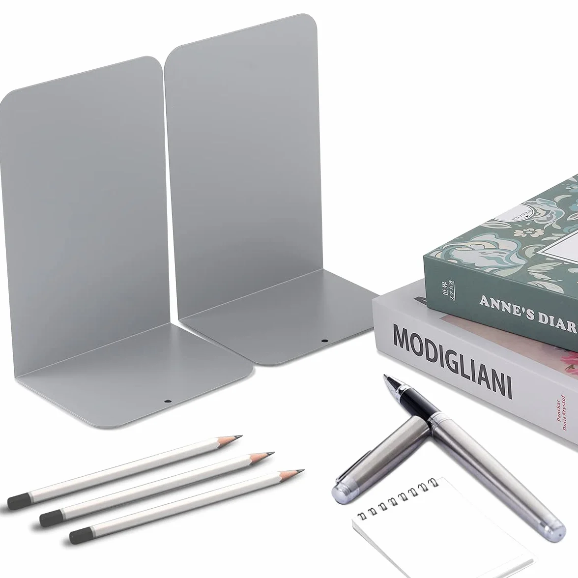 4 Paia Fermalibri in Metallo,Ufficio in Reggilibri,Fermalibri da Mensole, per Casa, Biblioteca, Scuola, Studenti Regalo(Grigio)