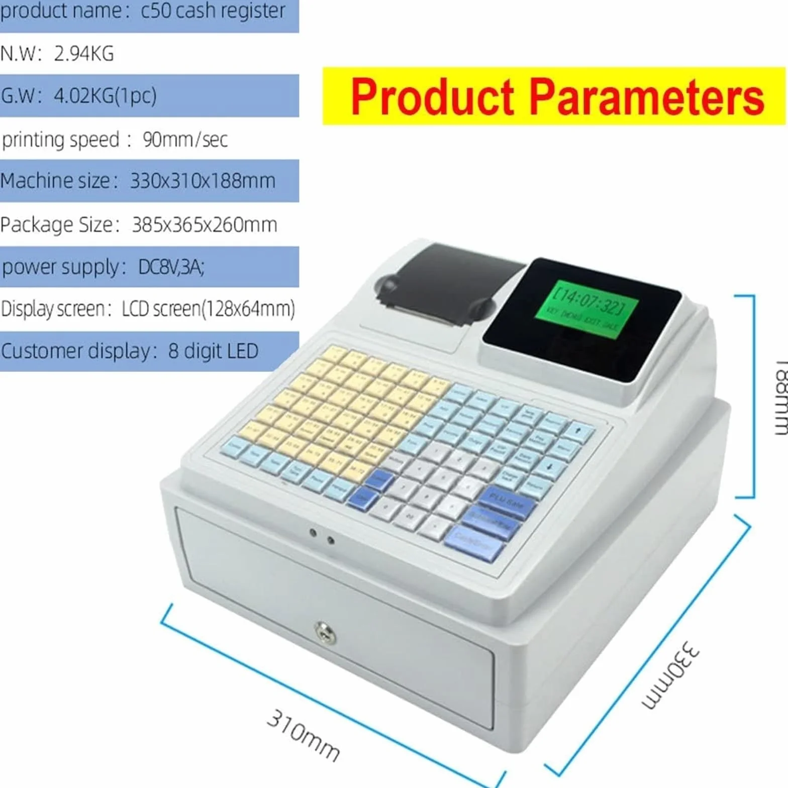 Registratore di cassa elettronico POS con display LED, Cassa elettronica Registratore di cassa Gastronomia al dettaglio Sistema di cassa solido Cassetto di cassa