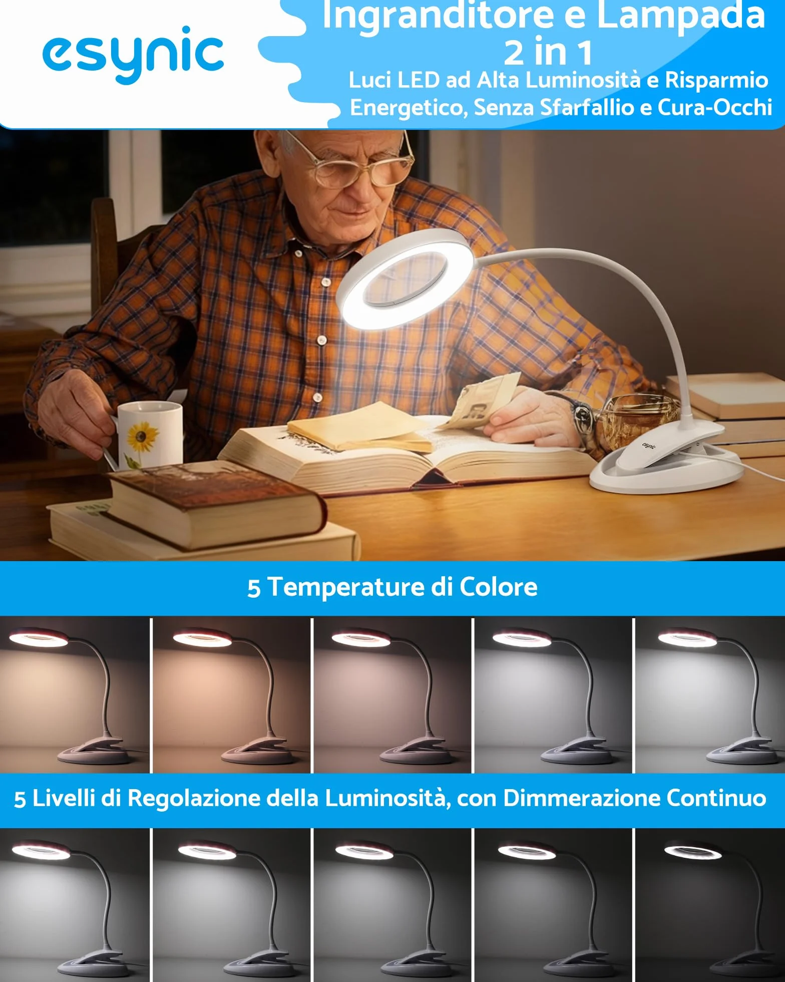 eSynic 2 in 1 Lente di Ingrandimento 5X 10X Lampada LED da Tavolo con Morsetto Staccabile e USB Cavo Integrato, Magnifier a 40 LED, 3 Colori Luce, 5 Temperature 3000-6500K, 10 Luminosità Regolabile
