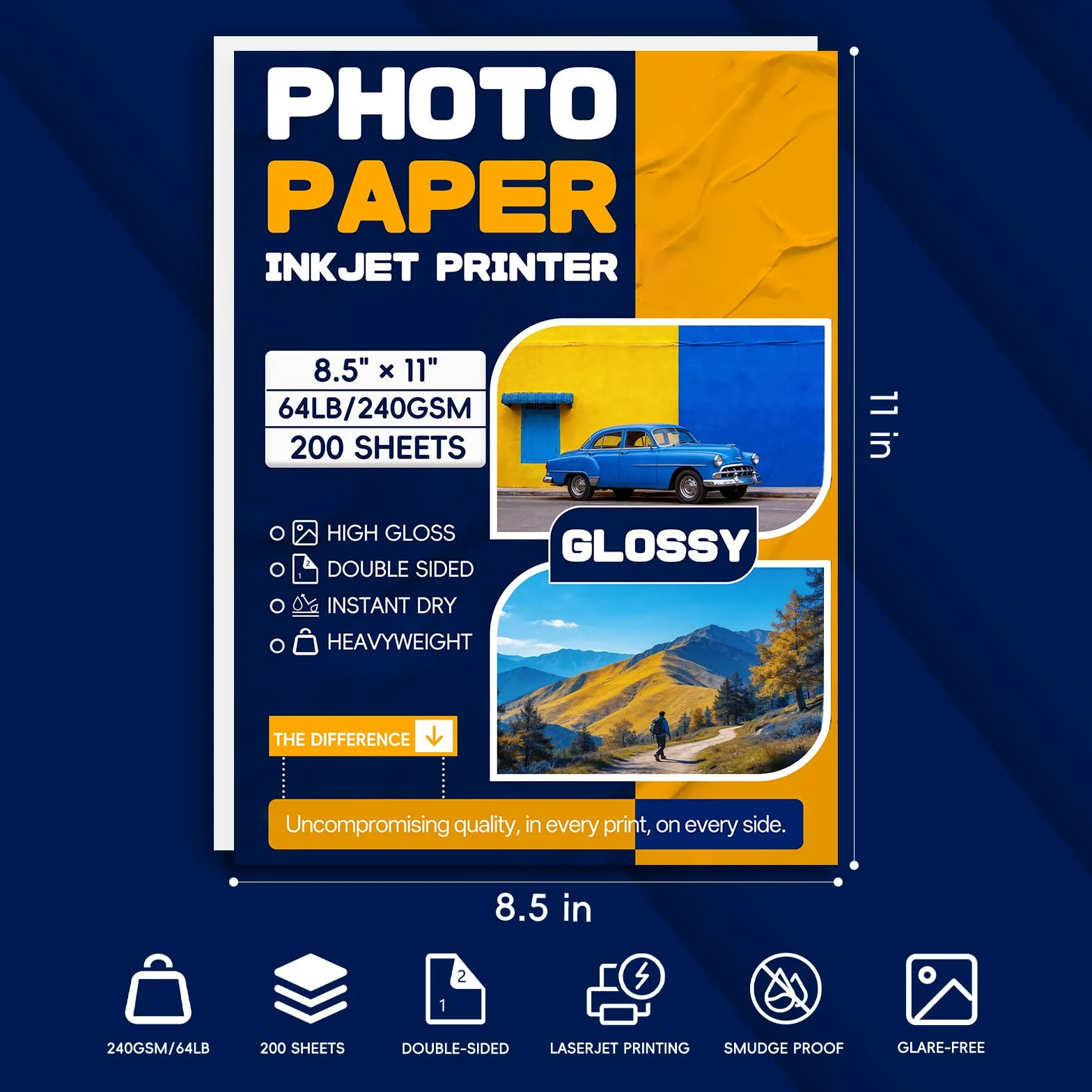 Carta fotografica a getto d'inchiostro, 21,6 x 28 cm, 200 fogli, 29 kg/240 g/m², carta fotografica lucida su entrambi i lati, per stampanti a getto d'inchiostro, ad asciugatura istantanea, cartoline