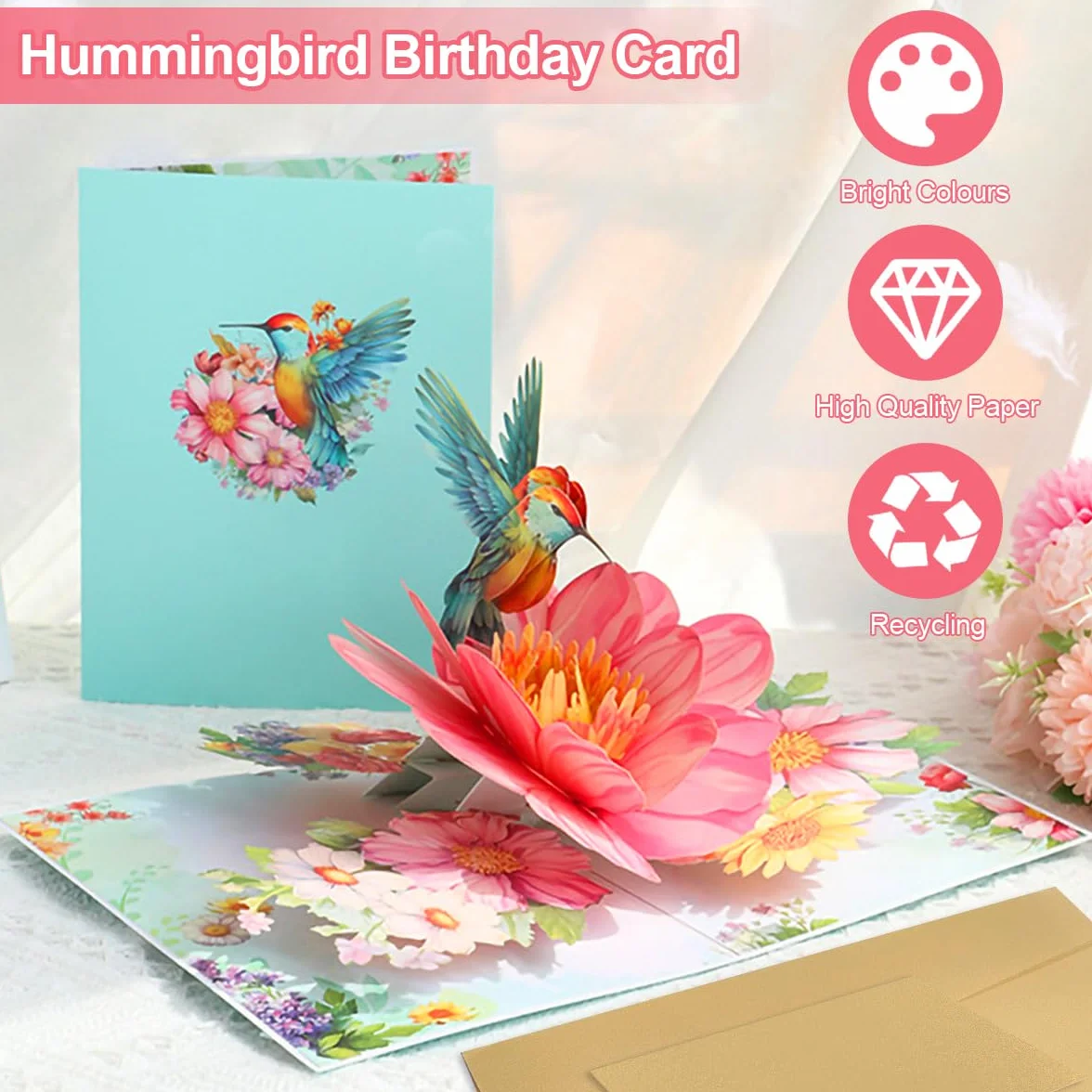 Biglietti di compleanno 3D con colibrì e fiori per mamma, fidanzata e ragazze