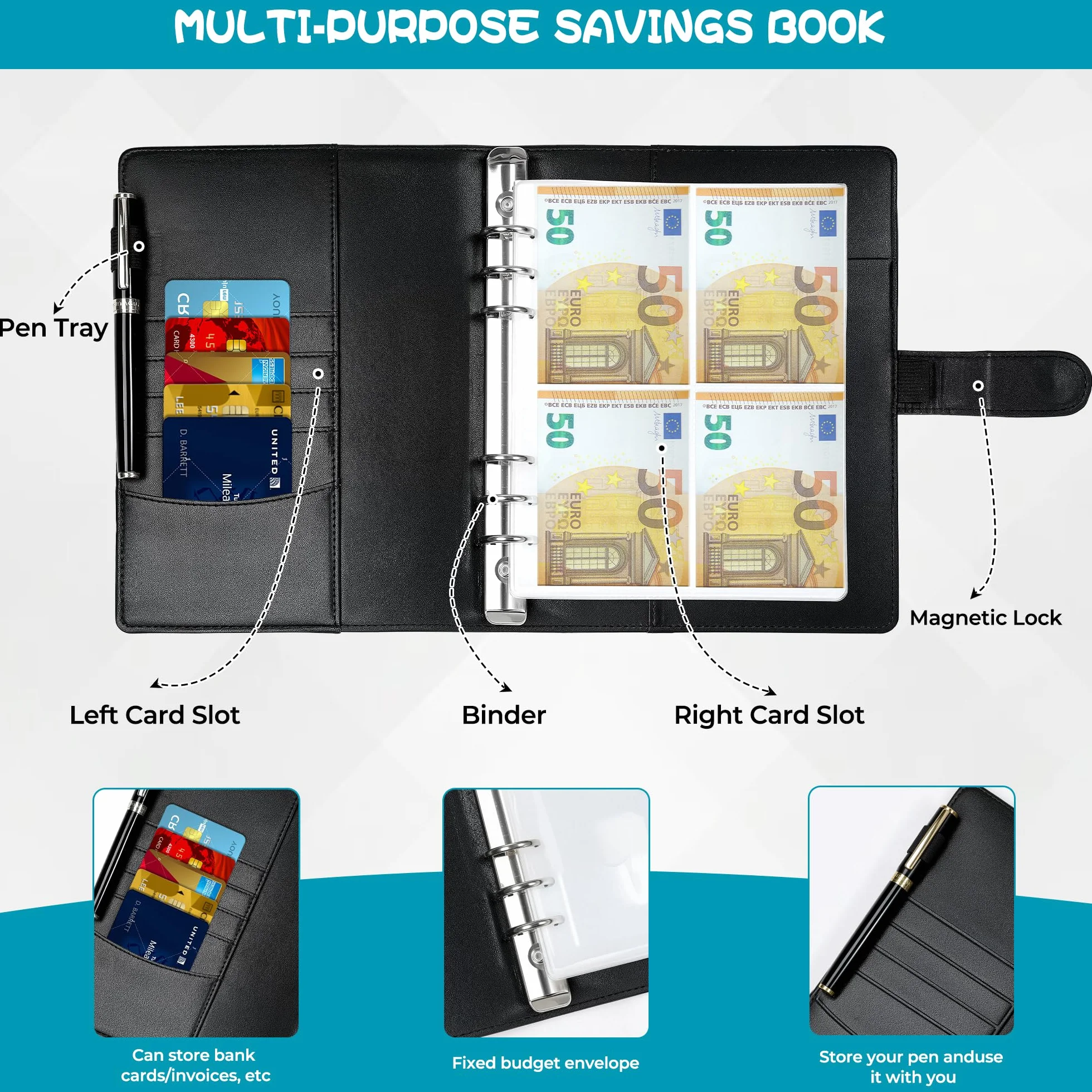 Libro del Risparmio A5, Agenda Risparmio Soldi con Buste, Budget Planner 5050€, Chiusura Magnetica