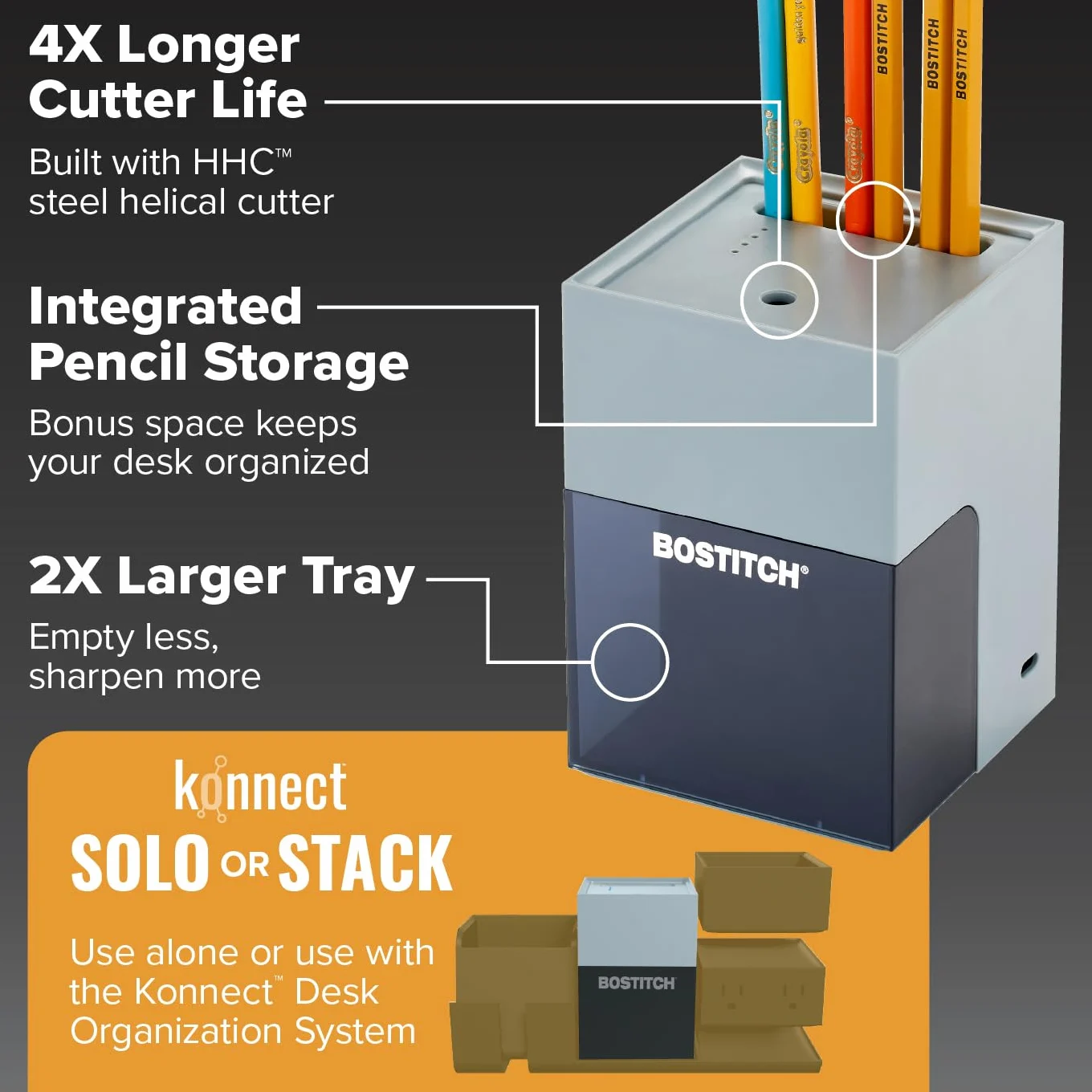 Bostitch Konnect - Temperamatite a batteria ricaricabile per organizer da scrivania KT2 n. 2/matite colorate, grigio
