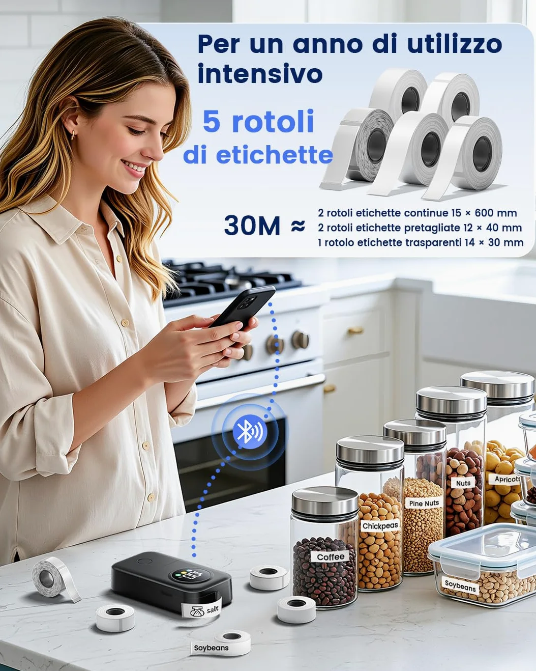 Phomemo D30D Etichettatrice con 5 Etichette, Schermo LED Intelligente, Nero | Mini Bluetooth Portatile Stampante Etichette Autoadesive per Ritorno a Scuola, Casa e Ufficio