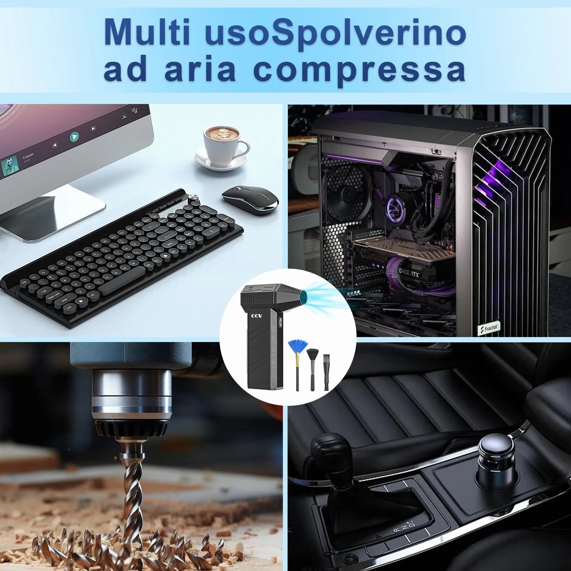 CCV Soffiatore Aria Compressa - 150000RPM Spolverino ad aria compressa la pulizia di tastiera e PC 3 ingranaggi regolabile Cordless Jet Dry Blower soffiatore d'aria per auto e casa (ferroso)