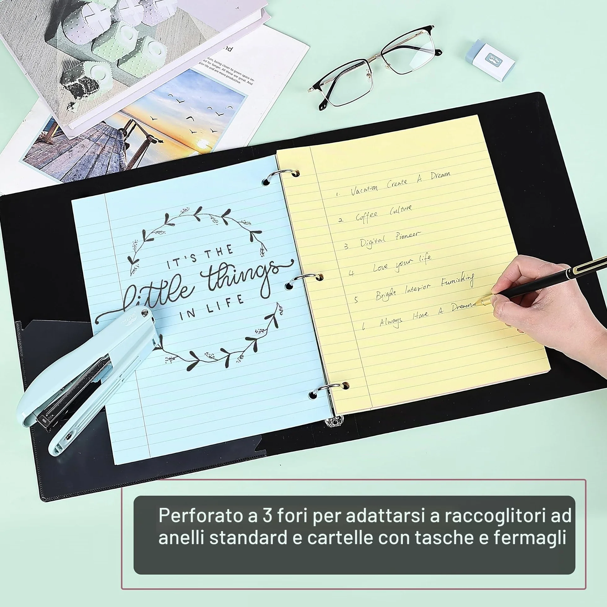 Mr. Pen Carta sciolta colorata a righe larghe 100 fogli 20,3 x 26,7 cm 3 fori perforati per taccuino