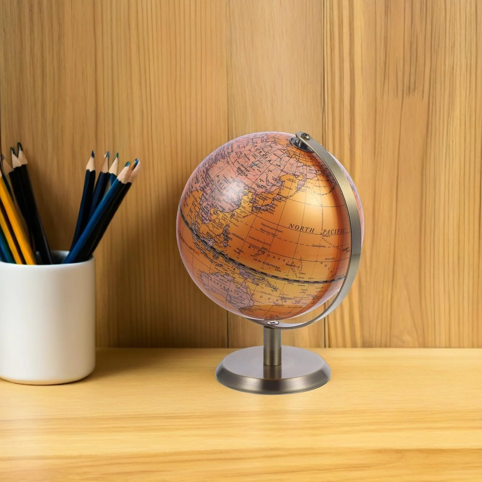 Mappamondo da Scrivania Decorativo in ABS e Metallo 14 CM con Etichette in Inglese Globo per Ufficio e Aula Scolastica Ornamento Educativo per Studio e Soggiorno