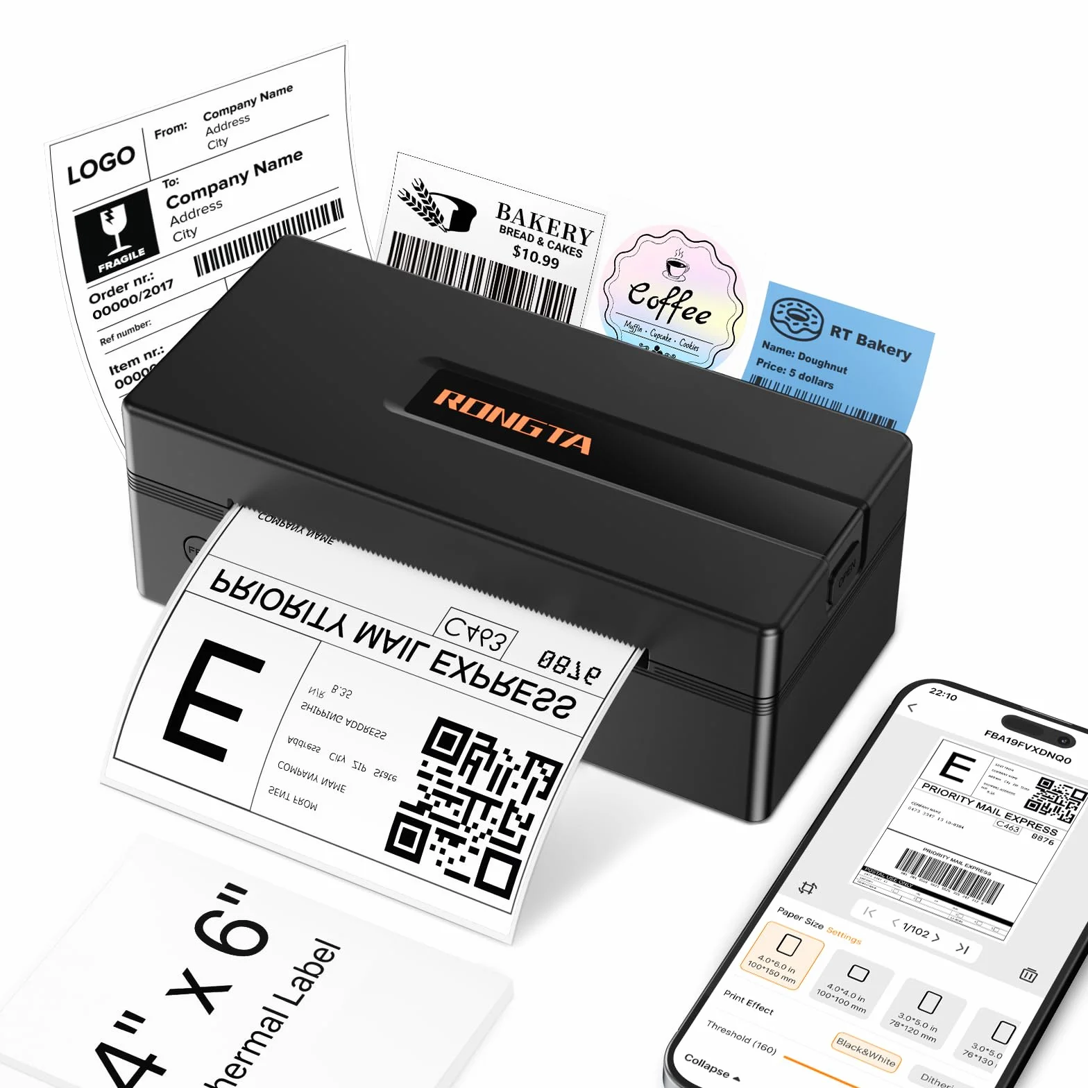 Rongta Stampante termica Bluetooth per etichette di spedizione: etichettatrice wireless 4x6 per piccole imprese, compatibile con Windows, Mac, iPhone e Android, ampiamente utilizzata per piccole