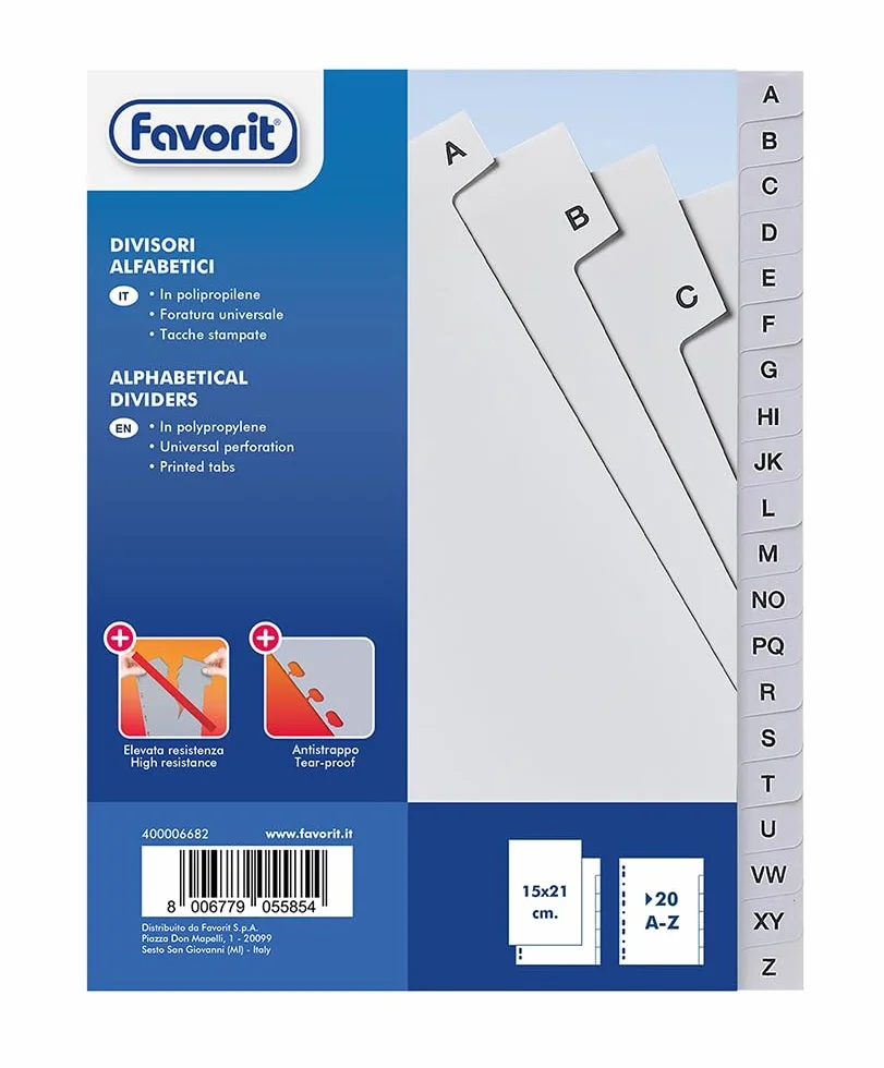 Favorit Divisori a Foratura Universale per Raccoglitori ad Anelli con 20 Tacche Alfabetiche A-Z, 14.8 x 21 cm, Bianco