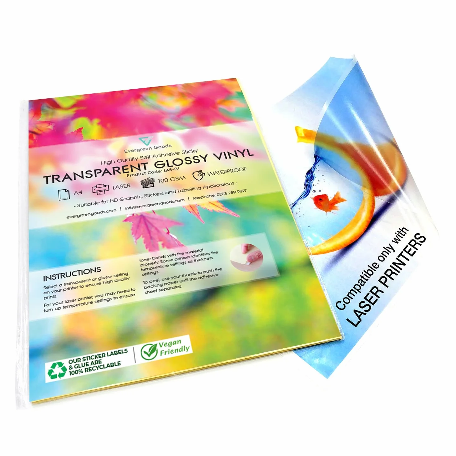 Evergreen Goods 10 Fogli A4 Lucida Vinile Carta Adesiva Trasparente per Stampanti Laser