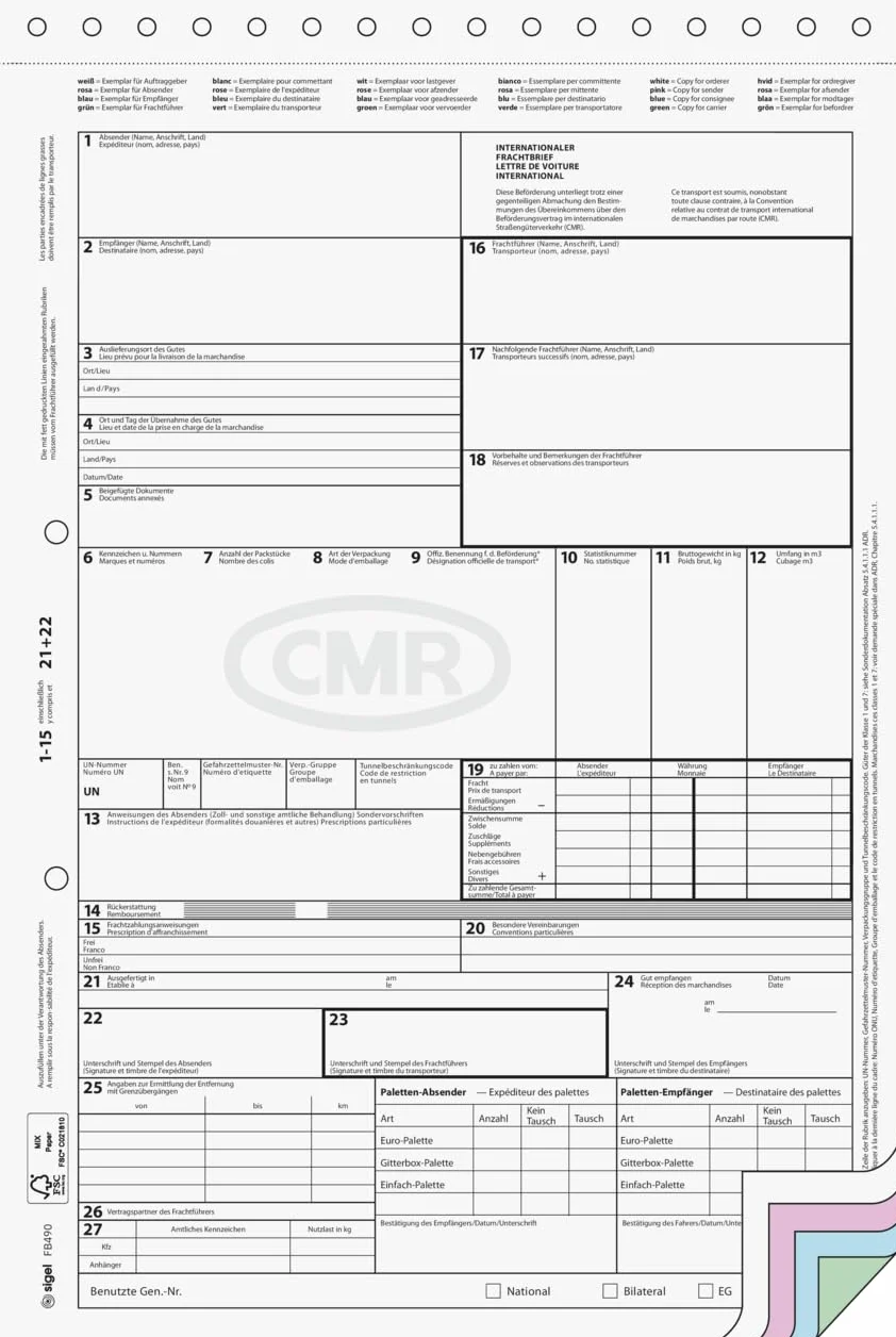 SIGEL FB490/50 - Lettera di carico internazionale CMR, formato A4, 4 x 1 foglio, autocopiante, 50 pezzi