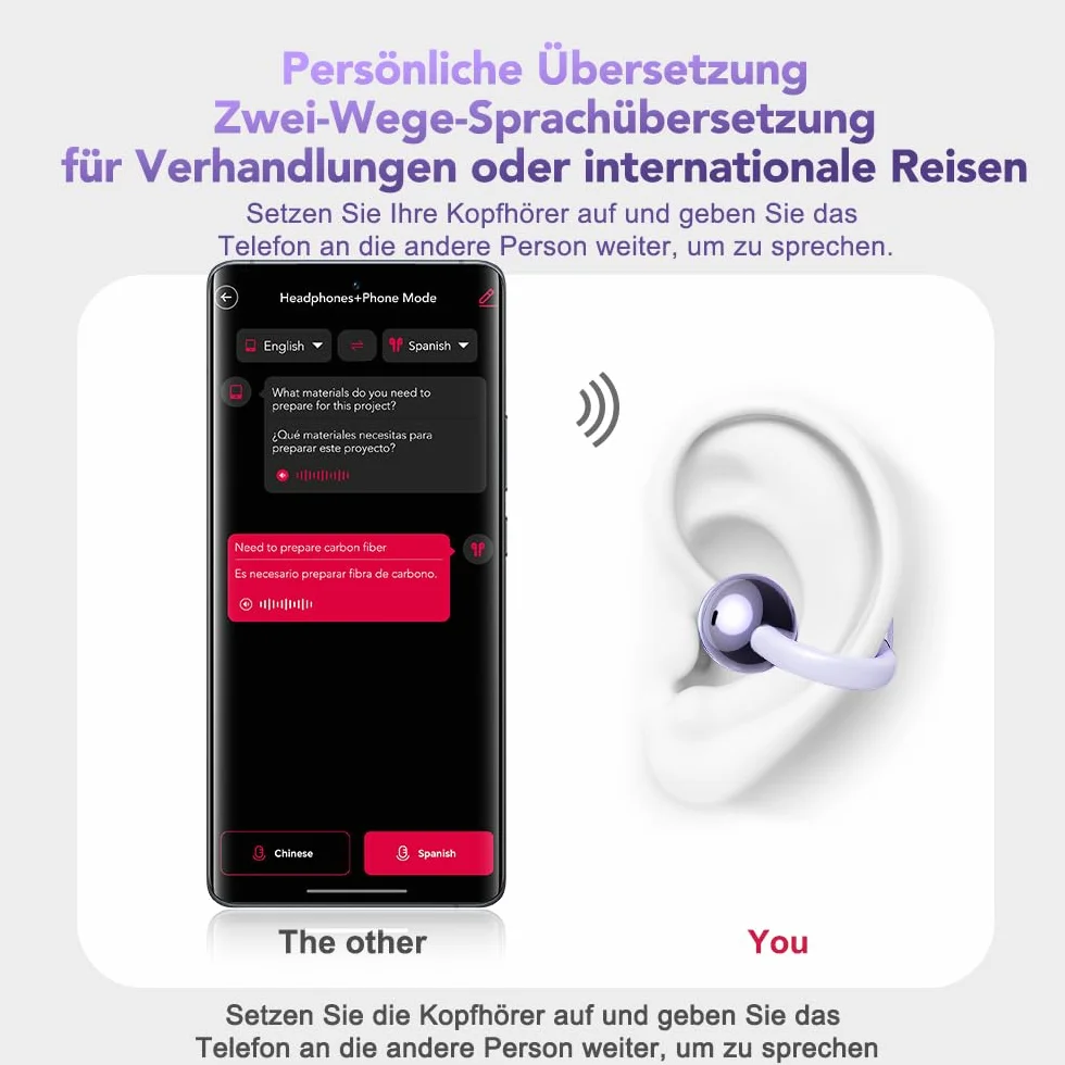 NE32 AI Cuffie Traduttore, Cuffie di Traduzione in Tempo Reale 3-in-1 136 Lingue con App, Veri Auricolari Traduttore Bluetooth Wireless, Cuffie Open Ear 40H per iOS e Android, Apprendimento, Viaggi