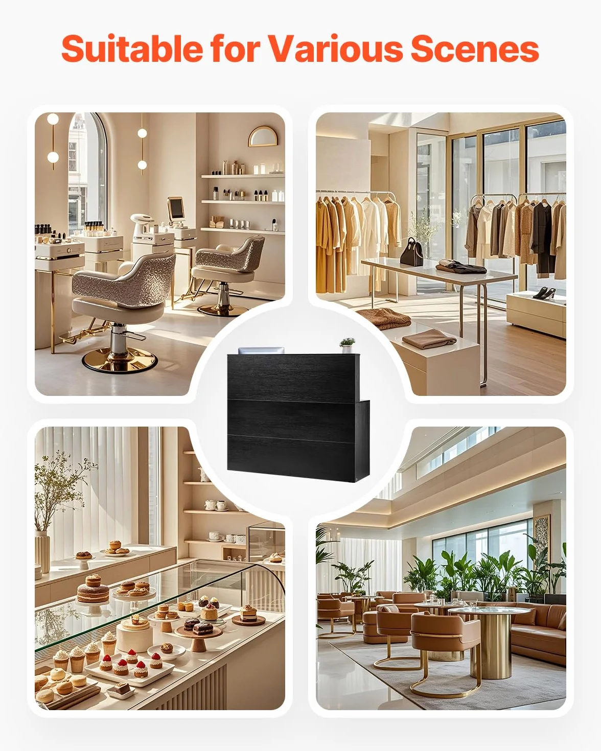 VEVOR Banco Reception 1600 x 600 x 1110 mm Tavolo da Banco Rettangolare, Tavolo di Vendita per Ufficio con Luce a LED, per Registratori di Cassa, Hall, Saloni di Bellezza e Uffici, Nero e Marrone