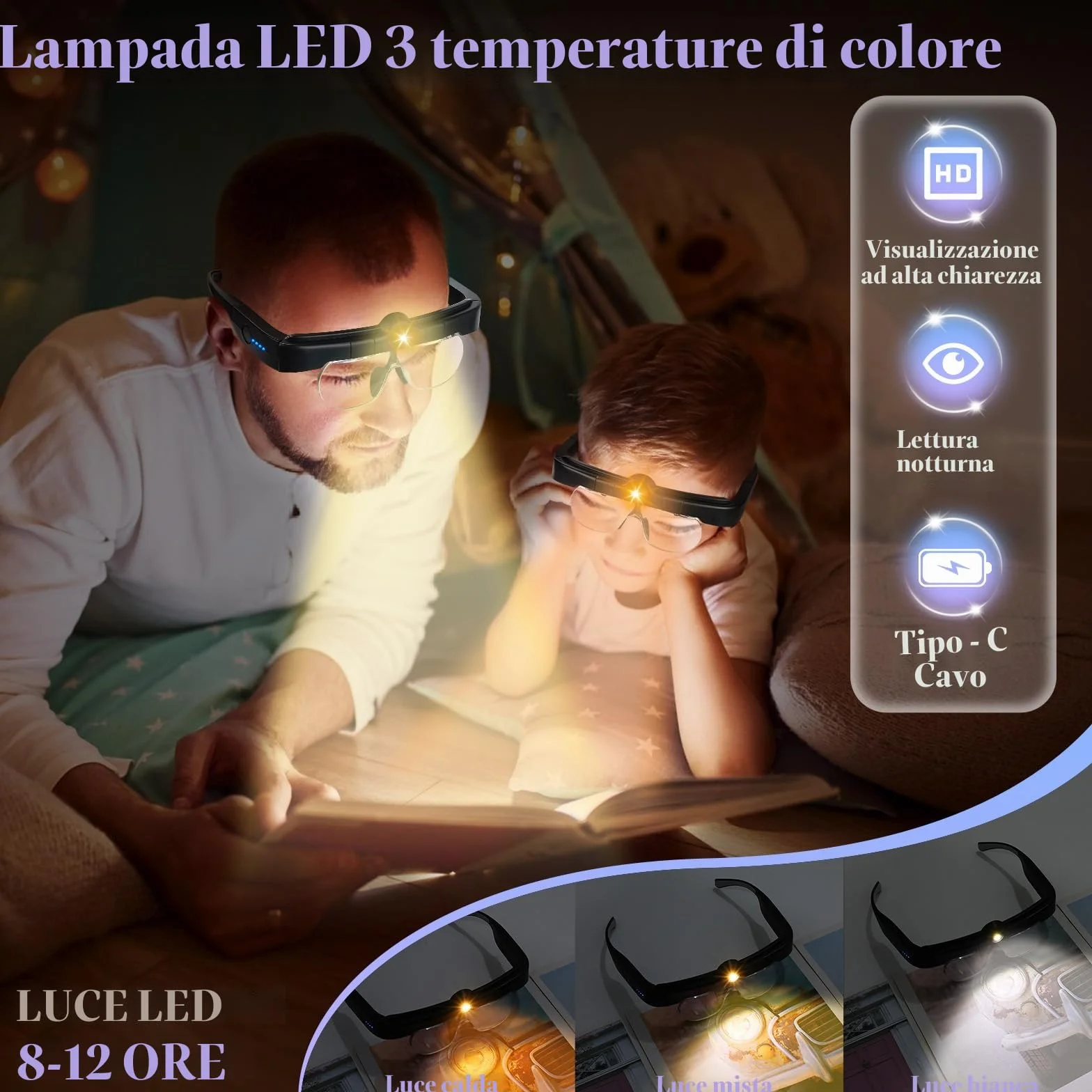 Lenti d'ingrandimento USB Charge con Luce, 4 Lenti Rimovibili (1.5X 2.5X 3.5X 5X) per Modellismo, Lettura, Riparazione Orologi, Nero