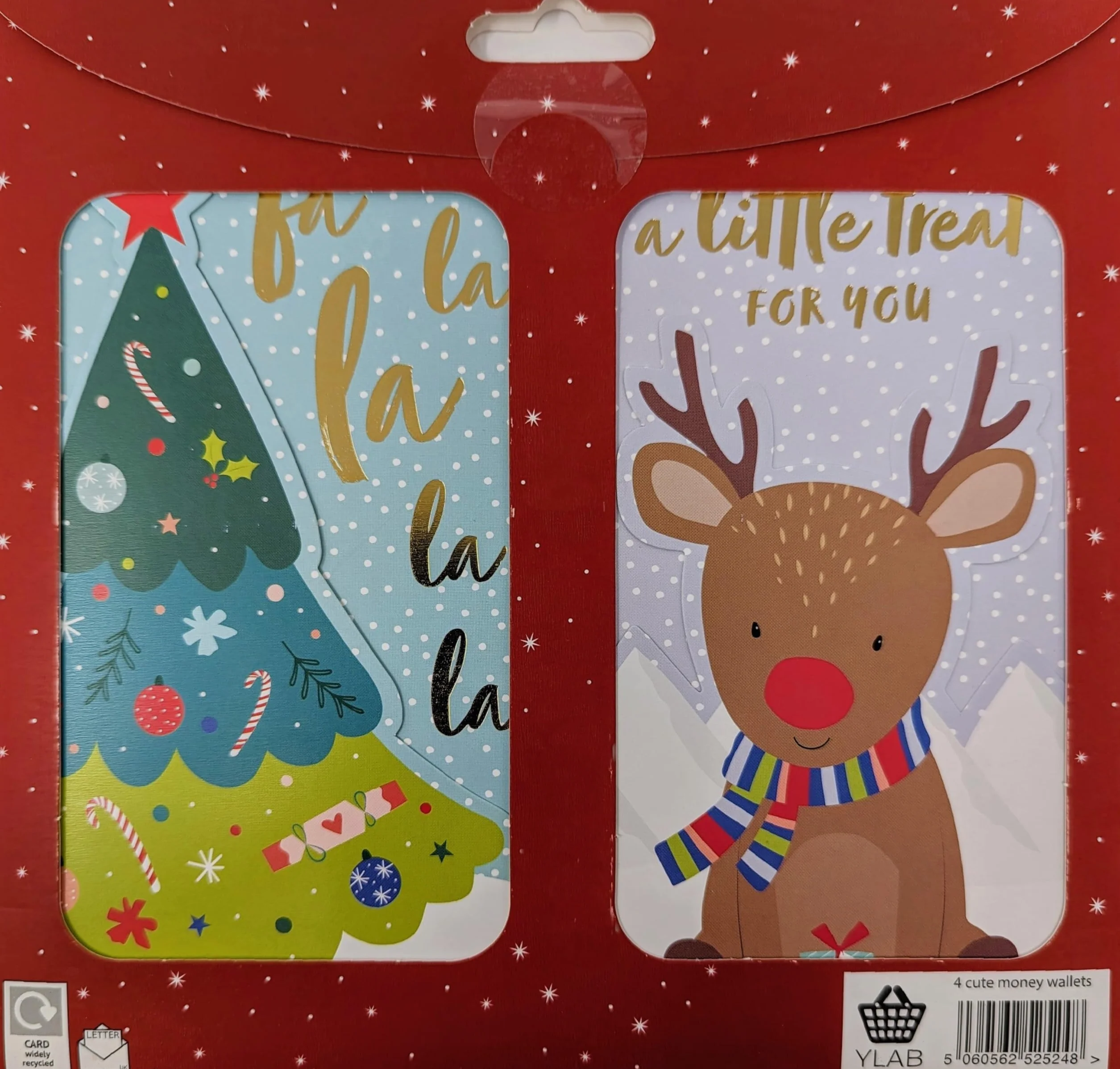 Portafogli Natalizi per Bambini con Buste – Lamina d'Oro Lucida – Simpatici Disegni Babbo Natale, Pinguino, Albero, Renna – Saluto Buon Natale – Confezione Ecologica