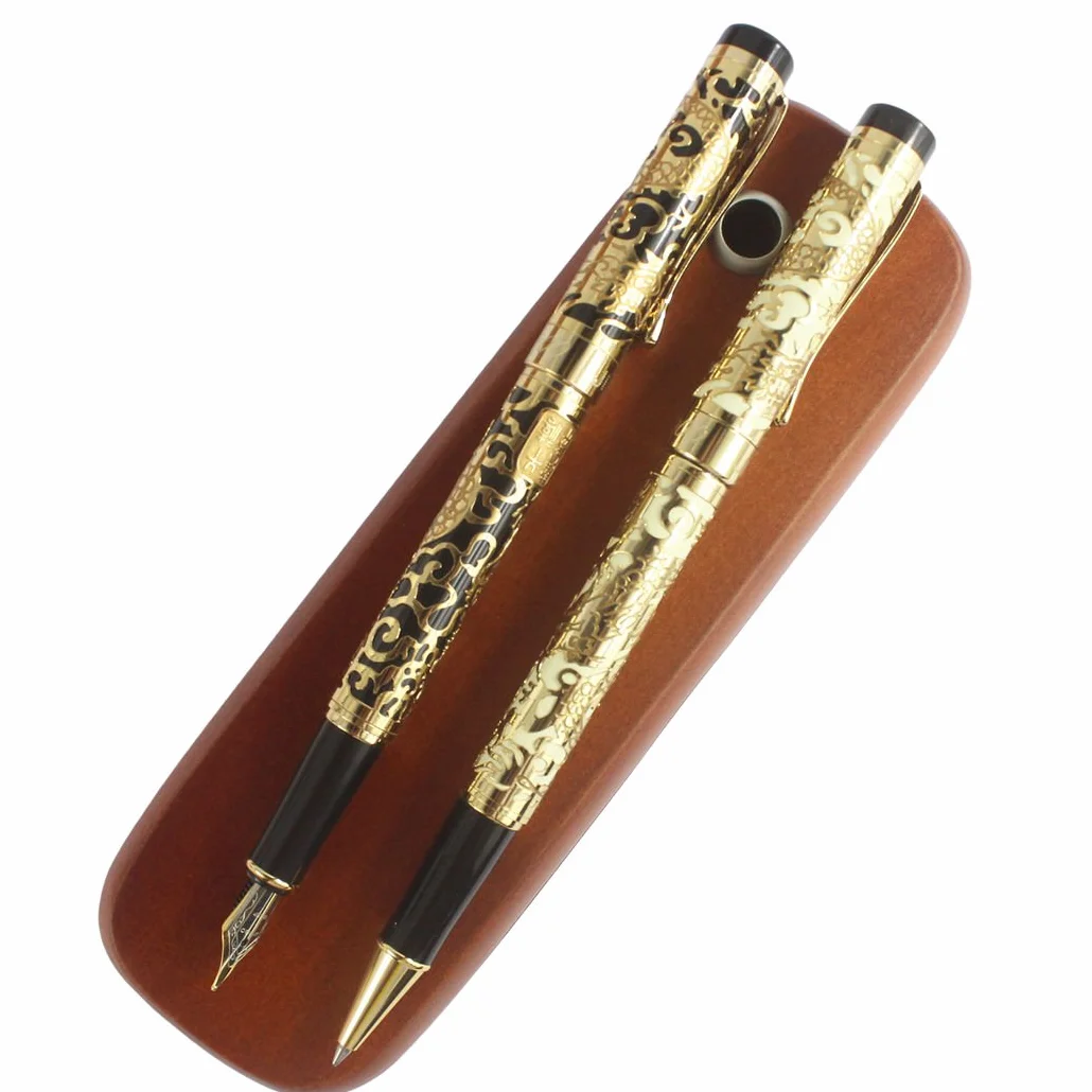 Jinhao penna stilografica e Roller penna 5000 anno di drago, drago dorato con Beige e nero + 2 bastoni di legno marrone scatola penna