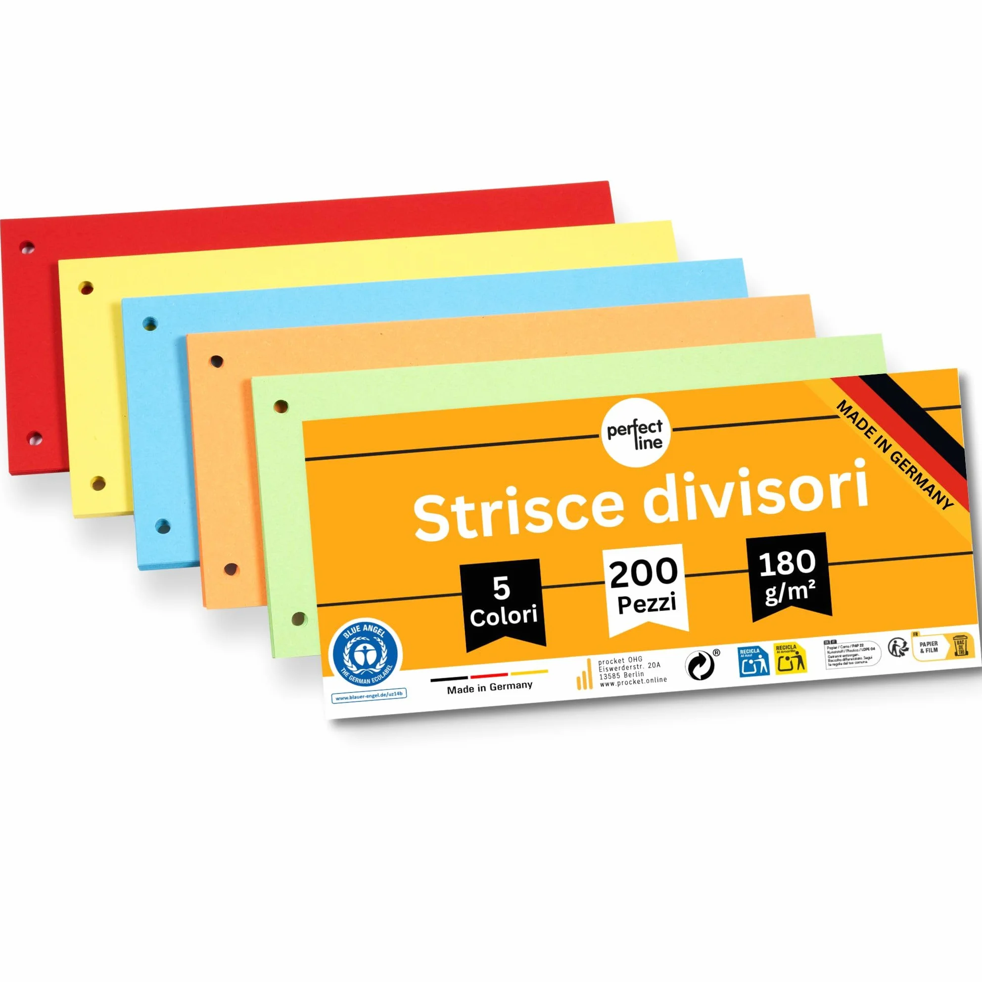 Perfect Line 200 Strisce Divisori per Raccoglitori ad Anelli A4, Forati, 5 Colori, Made in Germany