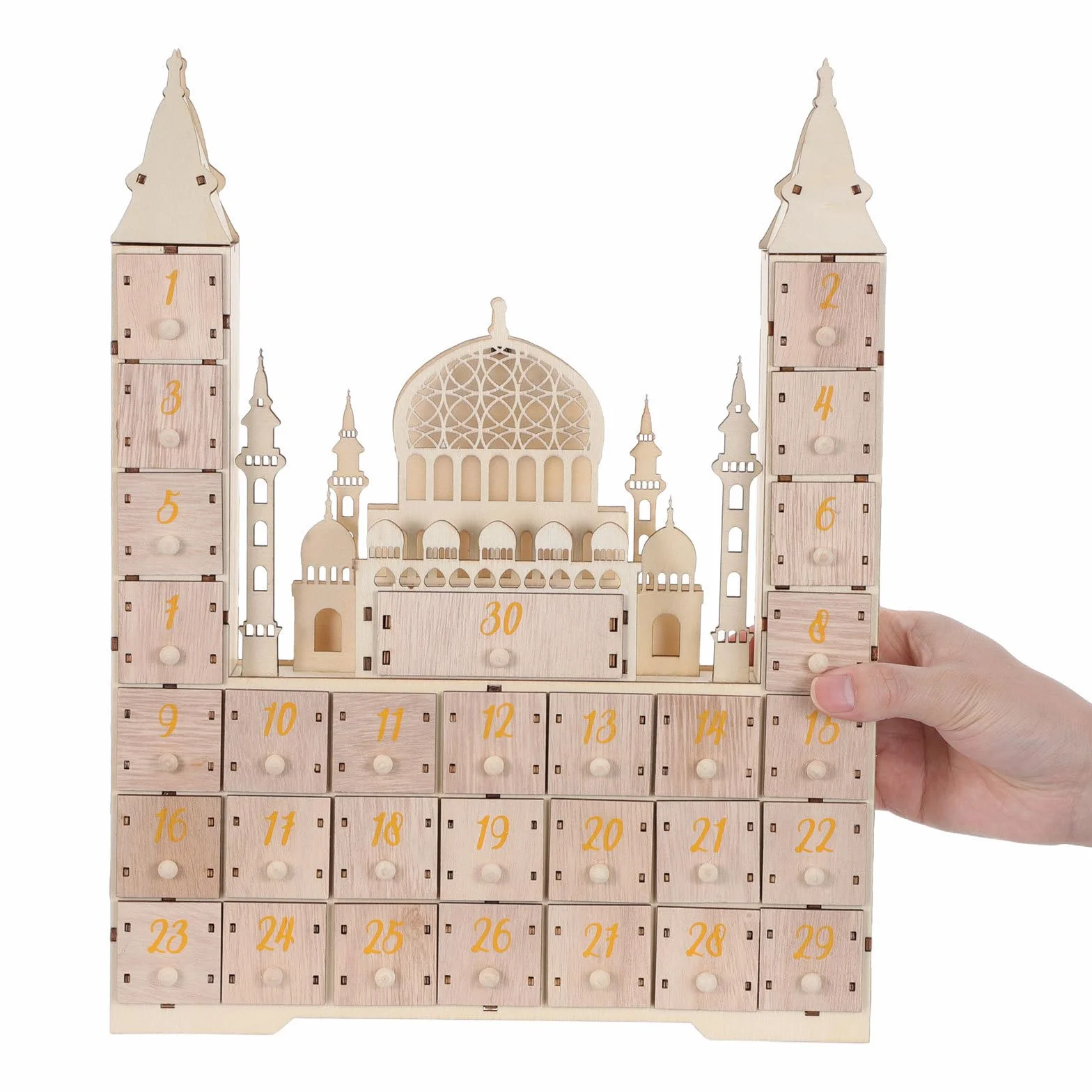 TEHAUX Calendario Design Compatto e Freestanding Conto alla Rovescia Ramadan in Legno con Cassetti e FESTIVITÀ Eid Decorazione da Tavolo per Famiglie Musulmane