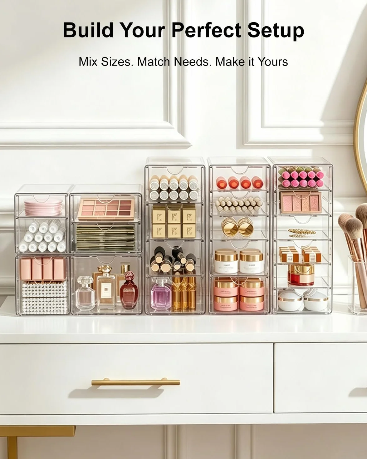 GoMaihe Set di 2 Organizer da Scrivania, Portaoggetti Make-up con 7 Cassetti, Trasparenti, Antipolvere per Trucco, Gioielli, Penne, Cancelleria
