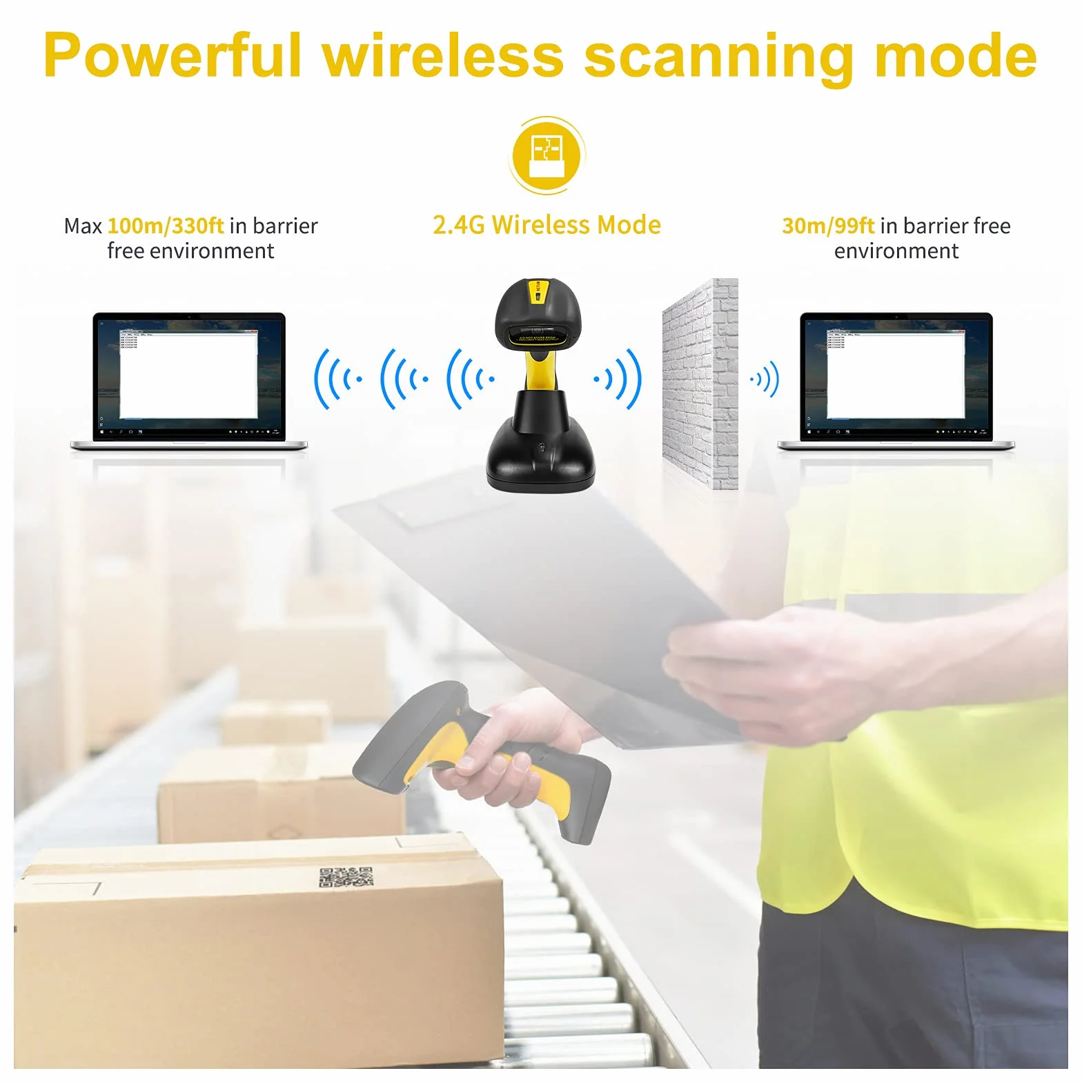 NetumScan Lettore di codici a barre 2D wireless, lettore di codici a barre impermeabile e antimicrobico (QR PDF17 Data Matrix Code) Base di ricarica con ricevitore integrato NS1202W