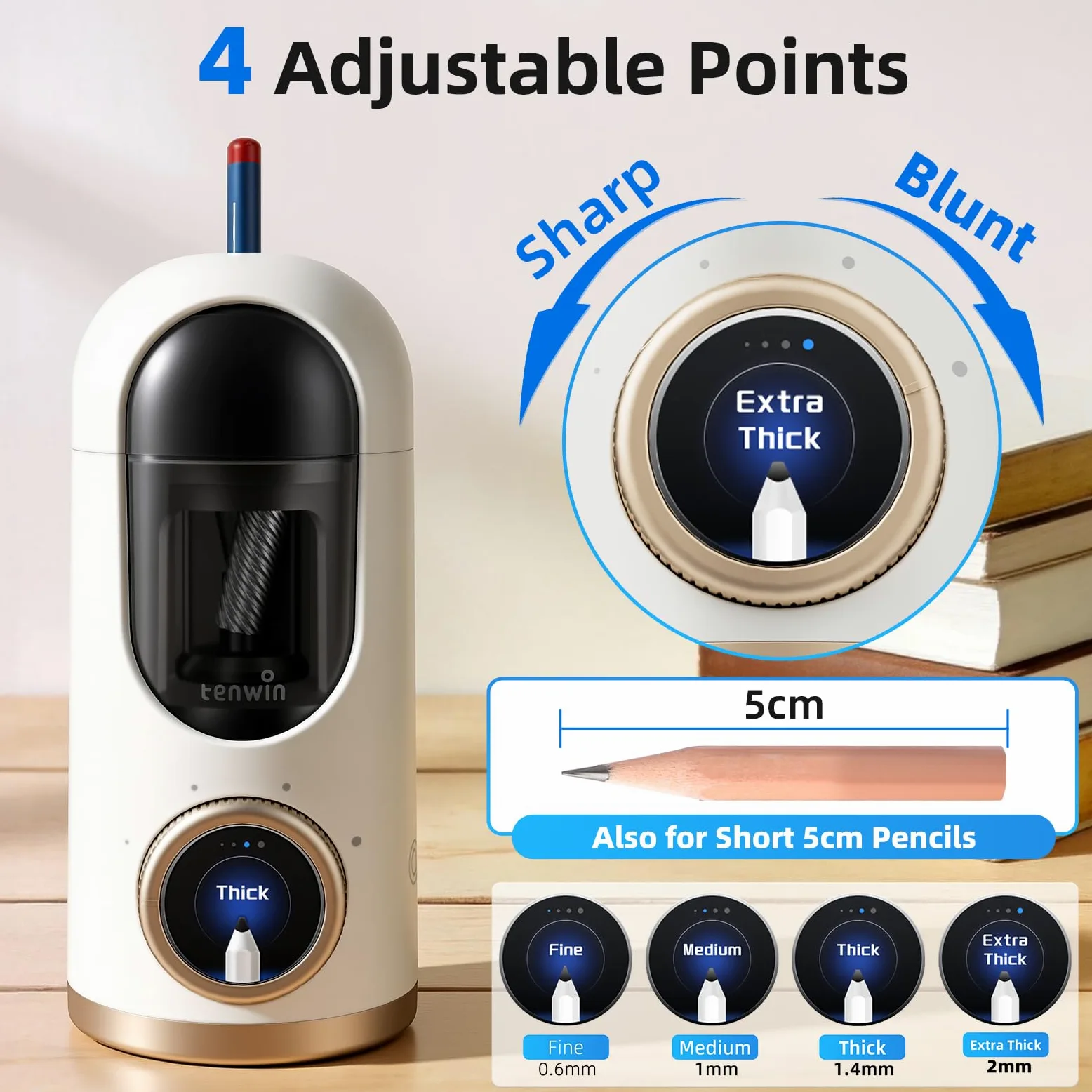 tenwin Temperamatite elettrico completamente automatico, punta rapida di matite e matite colorate da 7-12 mm, ricaricabile con display LCD, ideale per casa, ufficio e scuola (bianco)