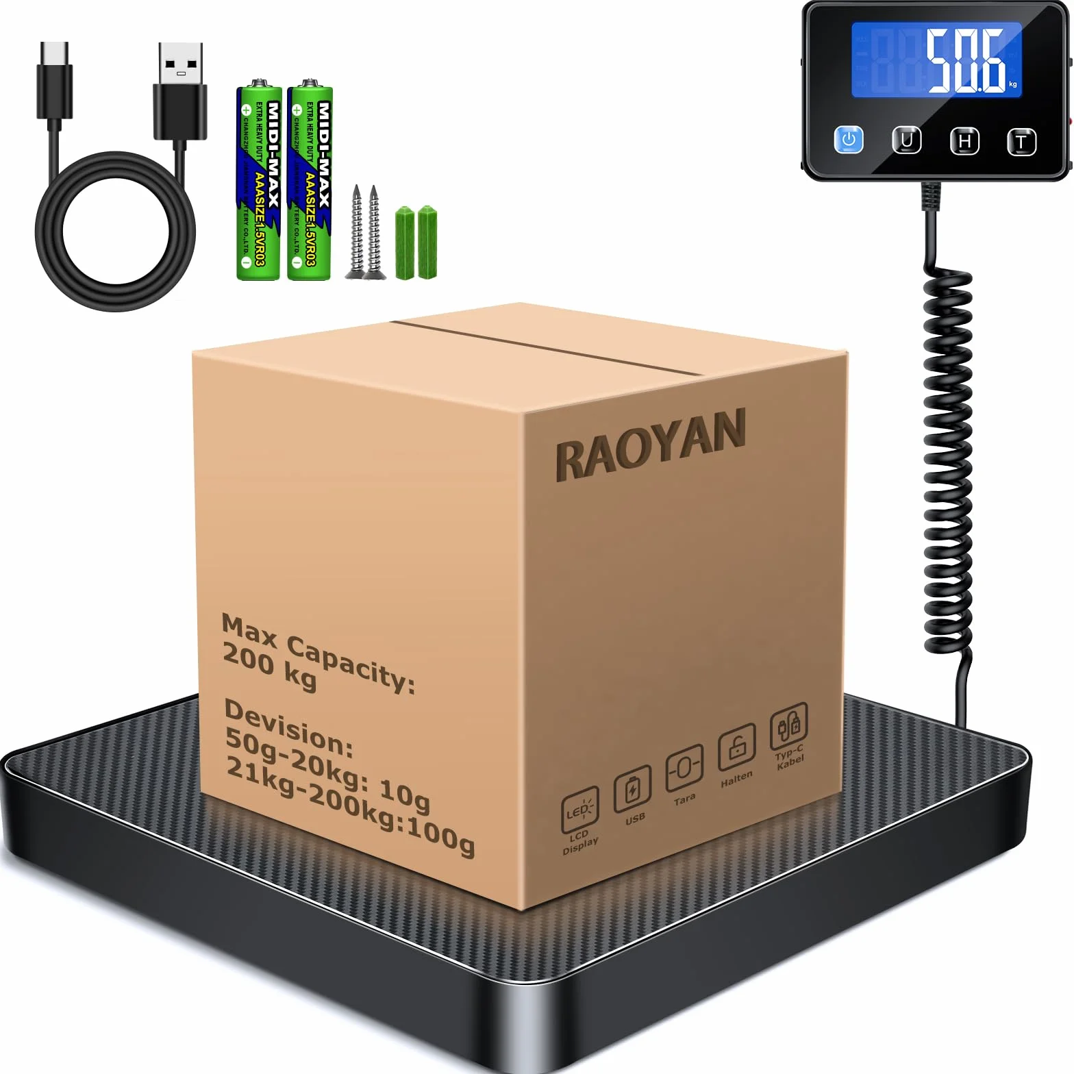 Bilancia Digitale 200 kg/10 g Alta Precisione con Hold/Tara, Visualizzazione LCD