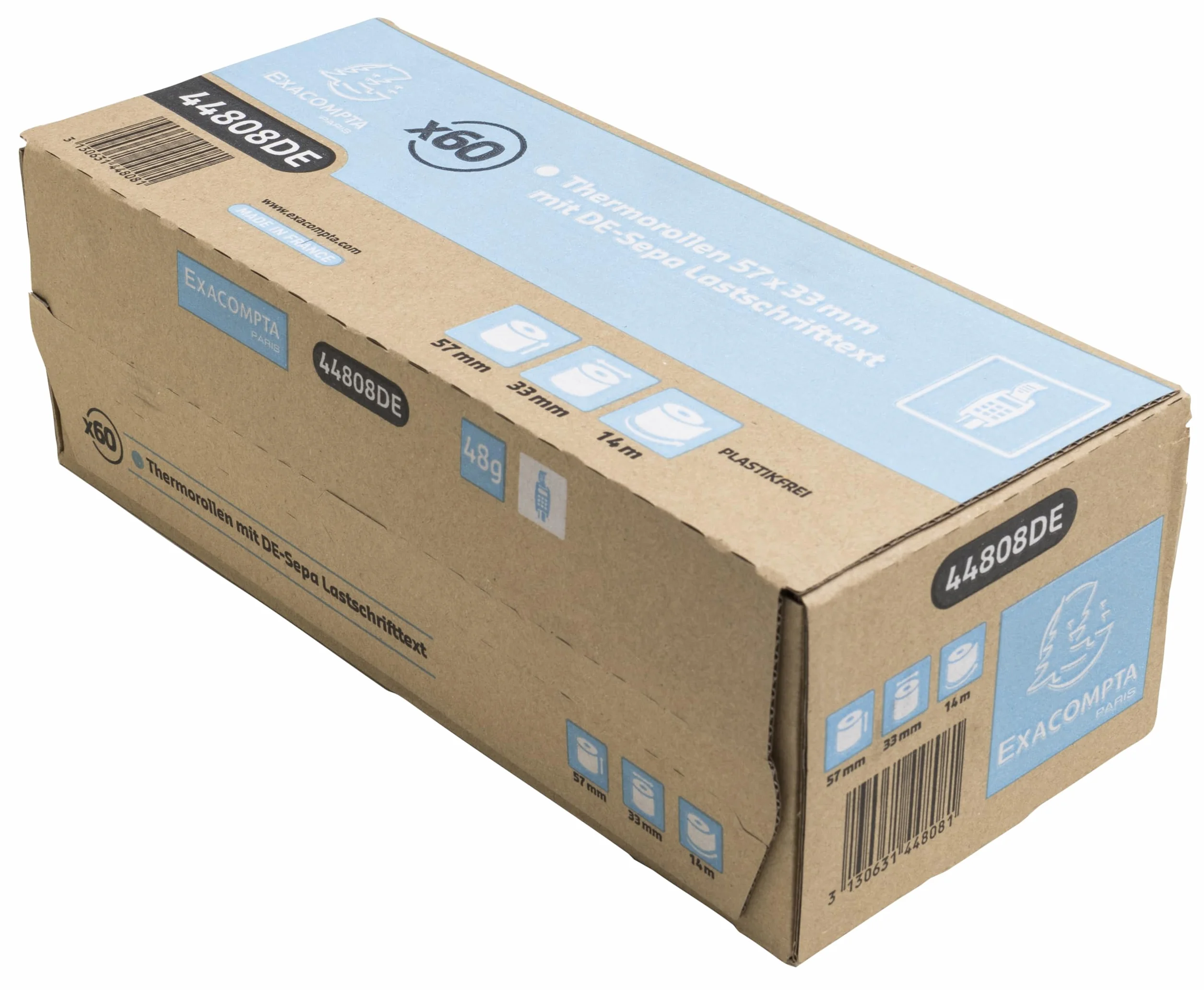 Exacompta 44808DE - Confezione da 60 rotoli di carta termica senza plastica, 1 strato, larghezza: 57 mm, lunghezza: 14 m, diametro: 12 mm, 48 g/m², stampa sul retro per carta SEPA