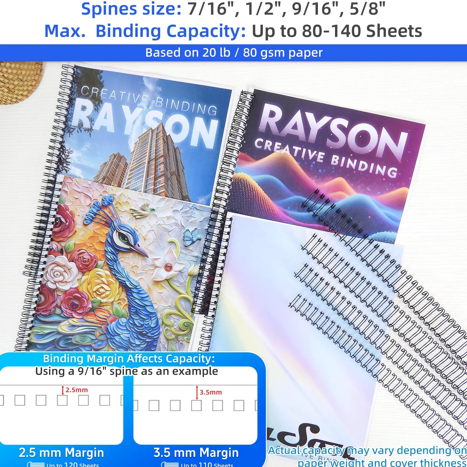Rayson Fili per rilegatura a doppio anello, misure miste (7/16", 1/2", 9/16", 5/8"), passo 3:1 32-loop nero, confezione da 96