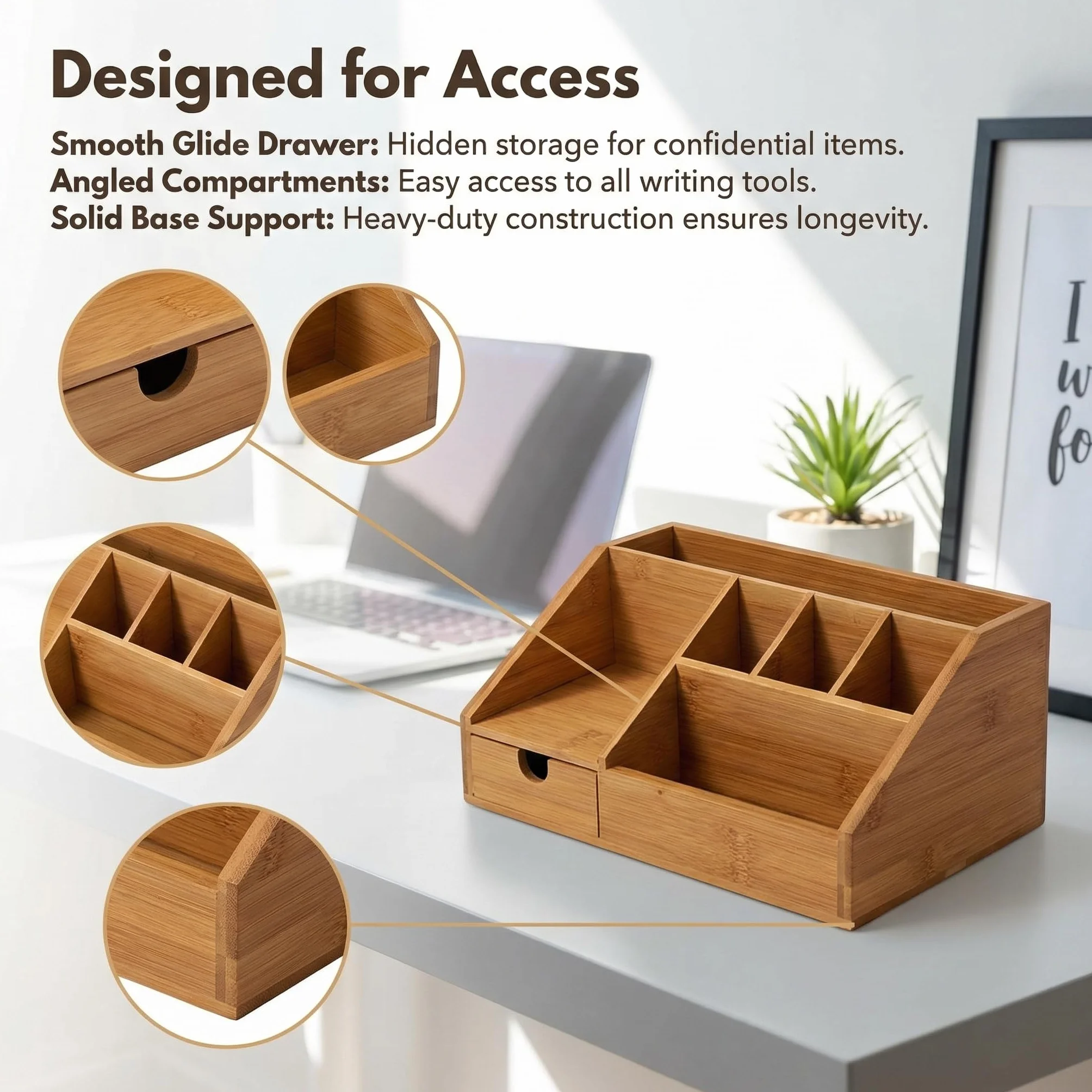 Organizer da scrivania in legno, 24,5 x 15 x 11 cm, con 7 scomparti e cassetto, con telecomando, portapenne, organizer da scrivania, per ufficio e casa