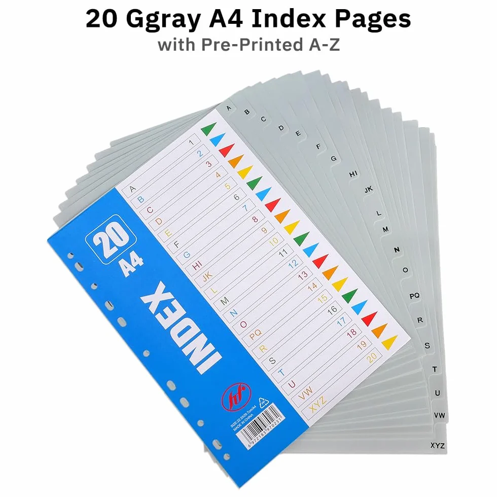 Divisori Raccoglitori Ad Anelli A4 100 Fogli/5 Set con 11 Fori Tacche Alfabetiche A-Z Grigie
