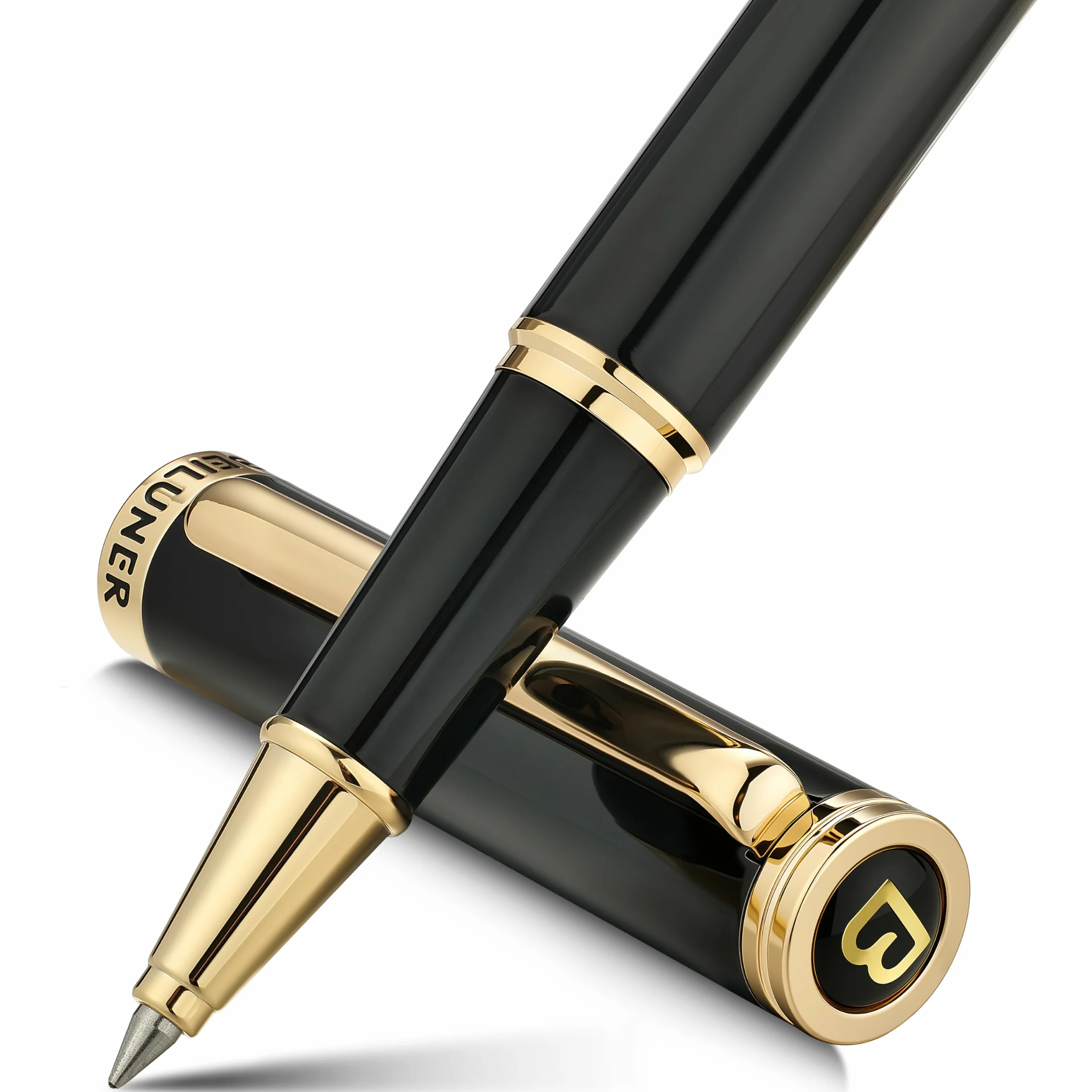 BEILUNER Penna Rollerball di Lusso Finiture Oro 24K, Design Nobili ed Eleganti, Ricambio Schneider, Set Regalo per Uomo e Donna, Professionale, Ufficio Dirigenziale - Nero & Oro