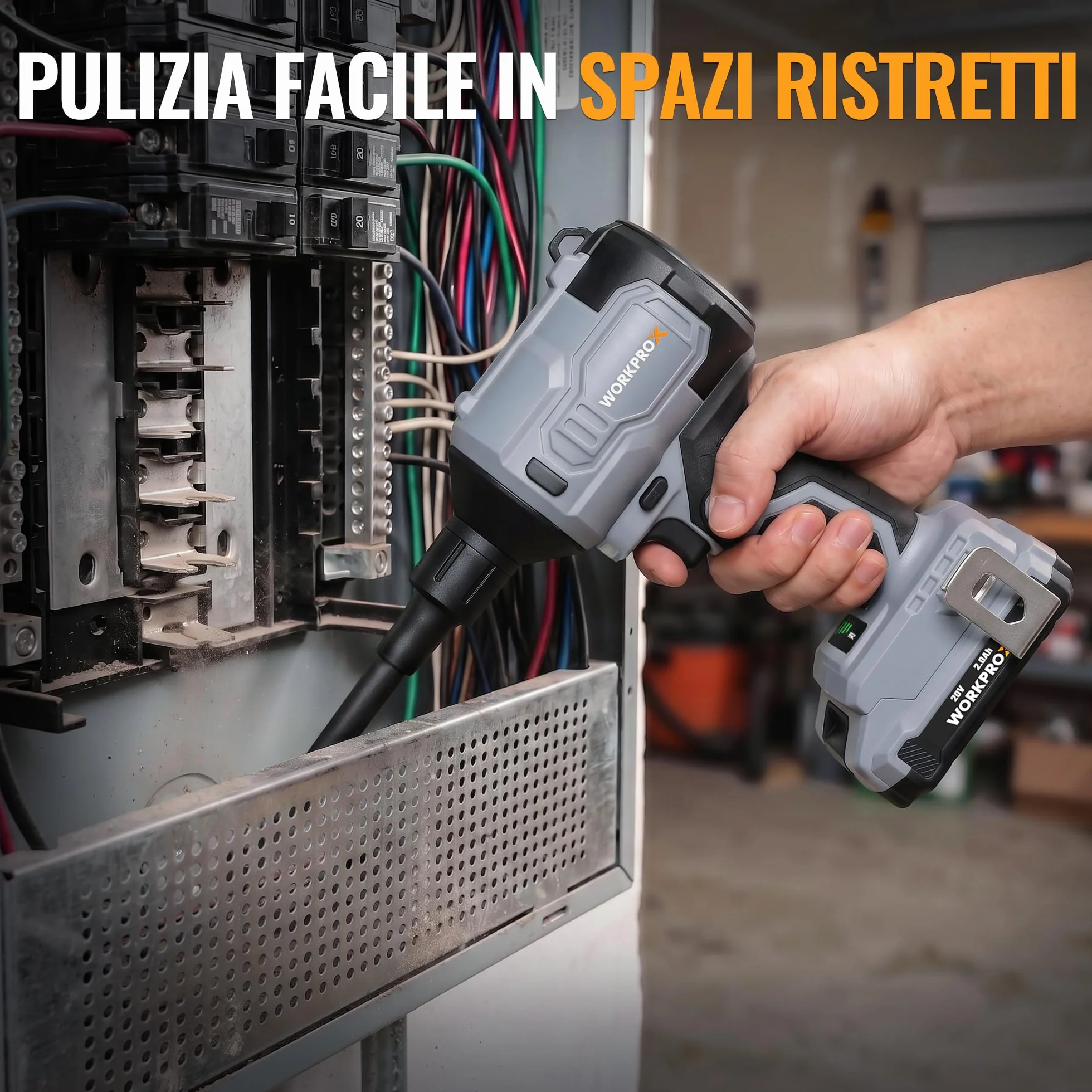 WORKPROX Soffiatore ad Aria Compressa Wireless 20V | Soffiatore Elettrico Ricaricabile USB-C, Motore Brushless, 4 Velocità Regolabili, Funzione Soffiaggio/Aspirazione