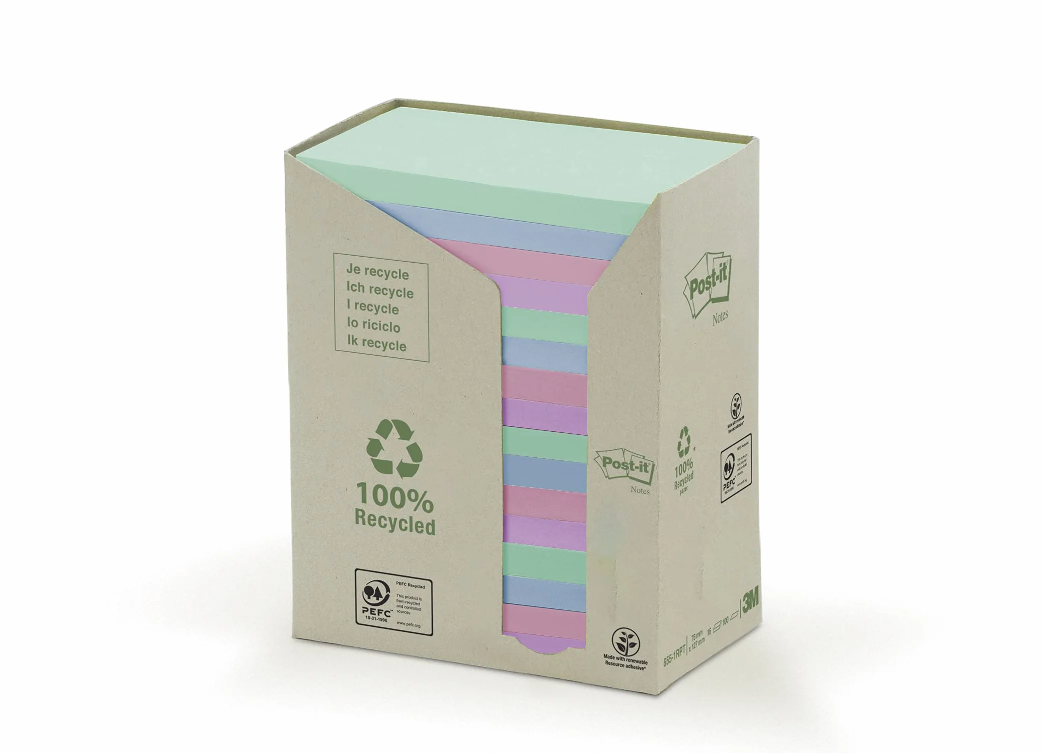 Post-It 91479 Foglietti Adesivi, Torre da 16 Blocchetti, Carta Riciclata al 100%, 127 mm x 76 mm, Multicolore