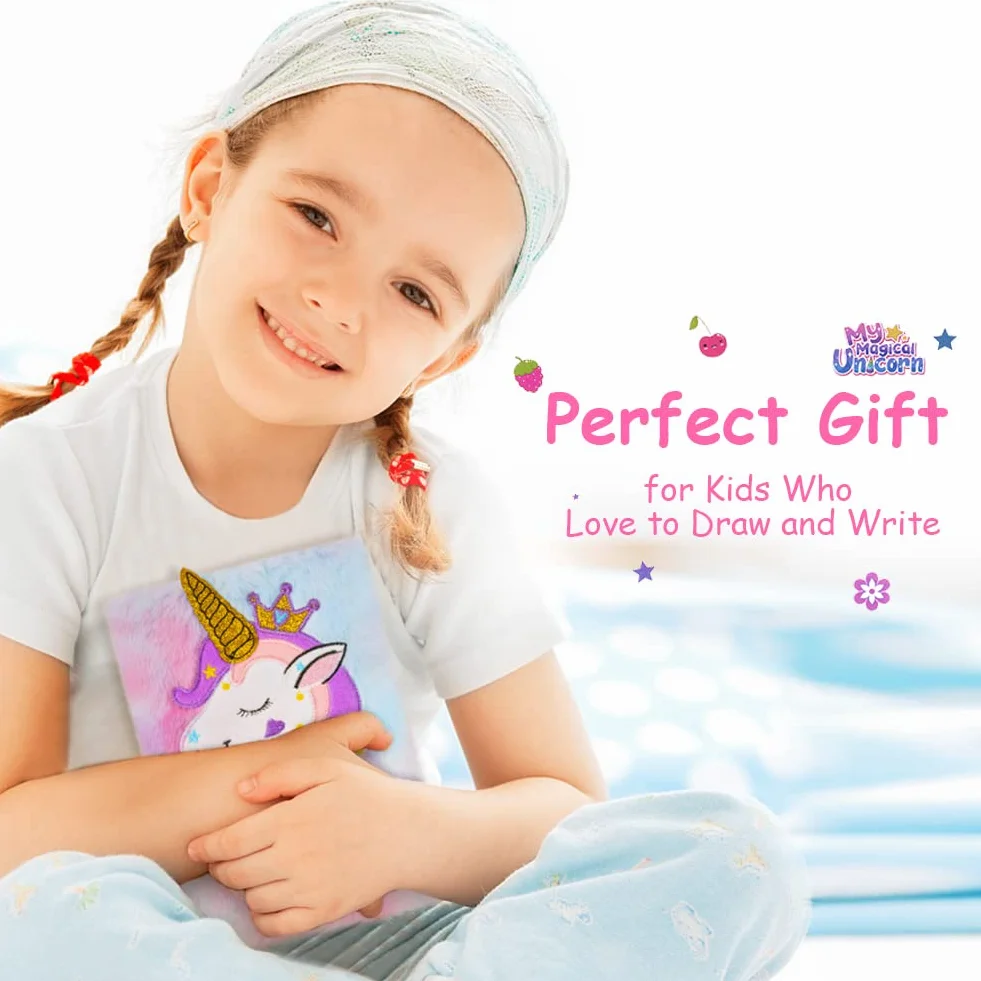 OFFCUP Quaderno Peluche Unicorno Diario Segreto Set Cancelleria Bambina Regalo 4 Penne Gel 10 Adesivi