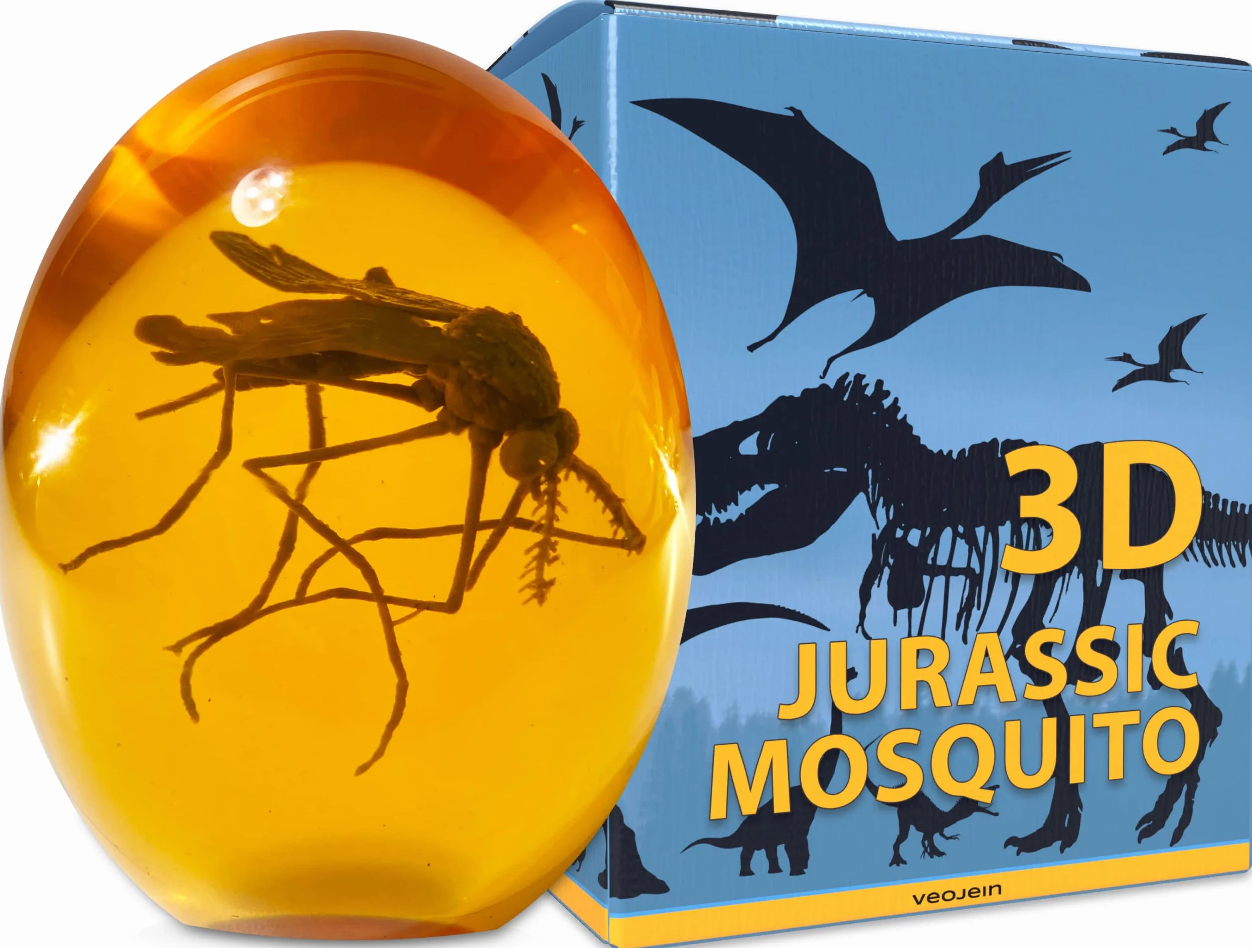 VEOJEIN Jurassic Mosquito 3D - Zanzara in ambra - Realistico giurassico da collezione - Fermacarte in resina a fondo piatto - DNA dinosauro