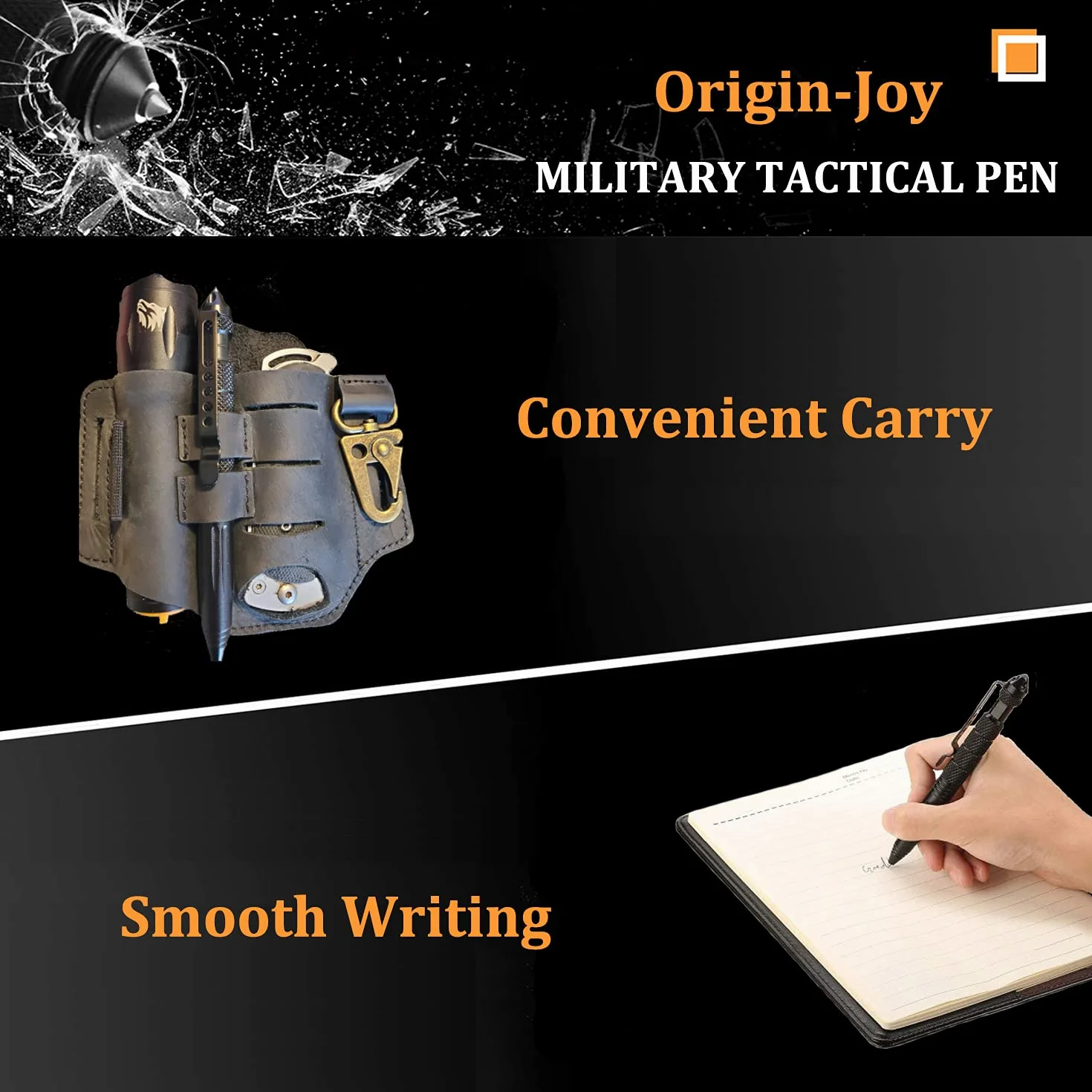 Origin-Joy Penna tattica militare in acciaio al tungsteno, in confezione regalo, strumento di emergenza per autodifesa, con 8 ricariche (nero)