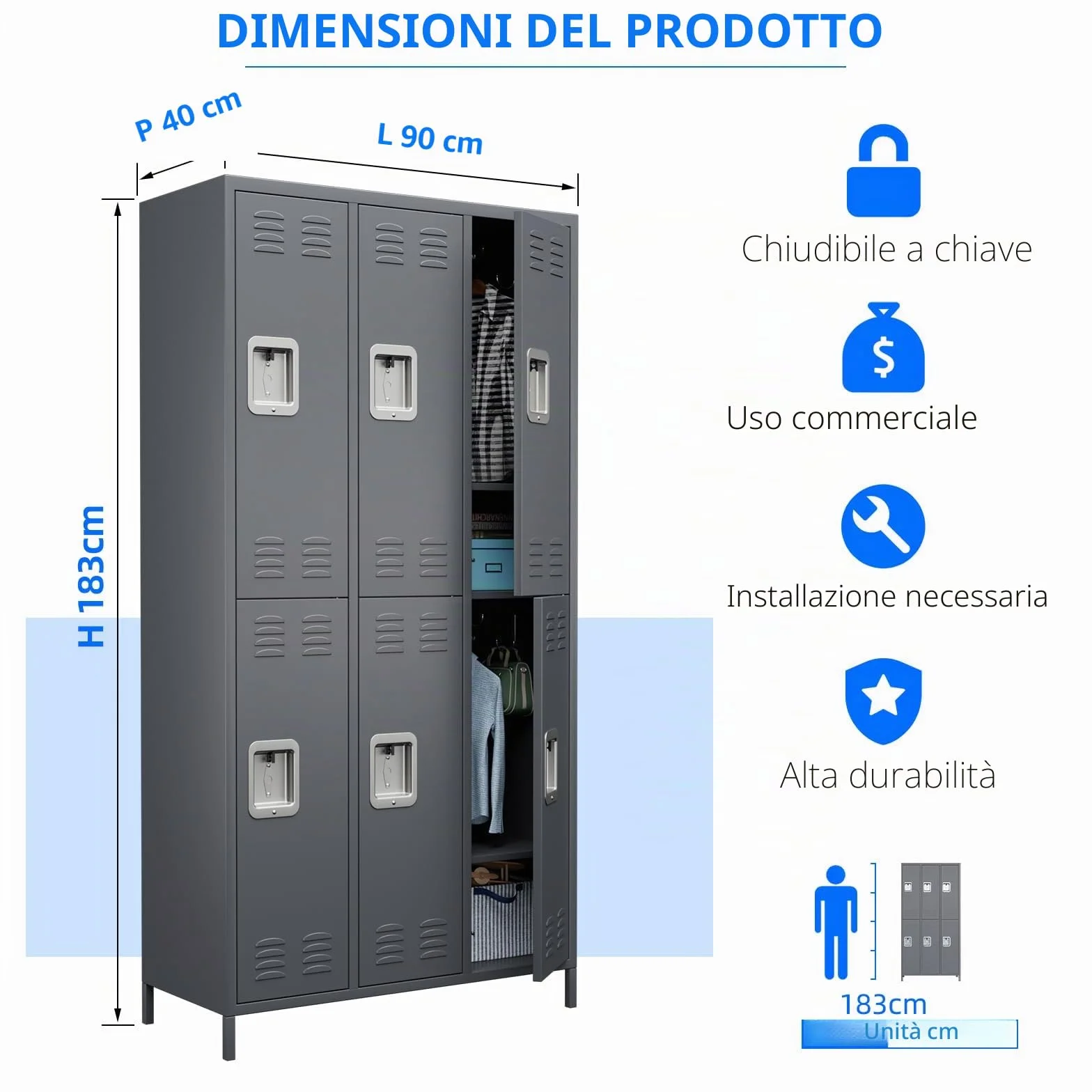 SUPEER Armadietto in metallo con 6 scomparti, armadio in metallo con fessure di ventilazione per dipendenti, palestra, scuola, ufficio (Grigio scuro)