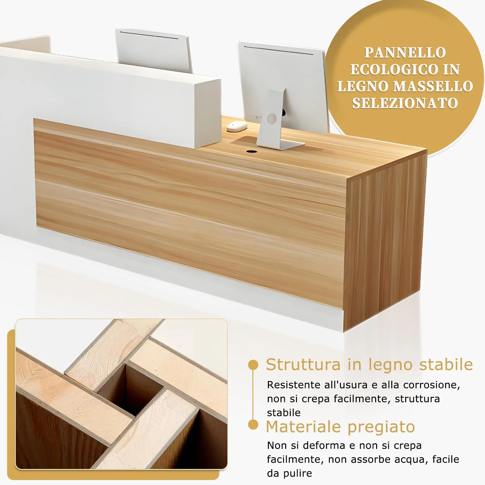 Bancone Reception, Banco Reception con Cassetto e Ripiani Aperti, Banconi Reception da 100–240 cm, Moderno per Ufficio, Adatto per Saloni, Yffici, Hall, Negozi al Ddettaglio